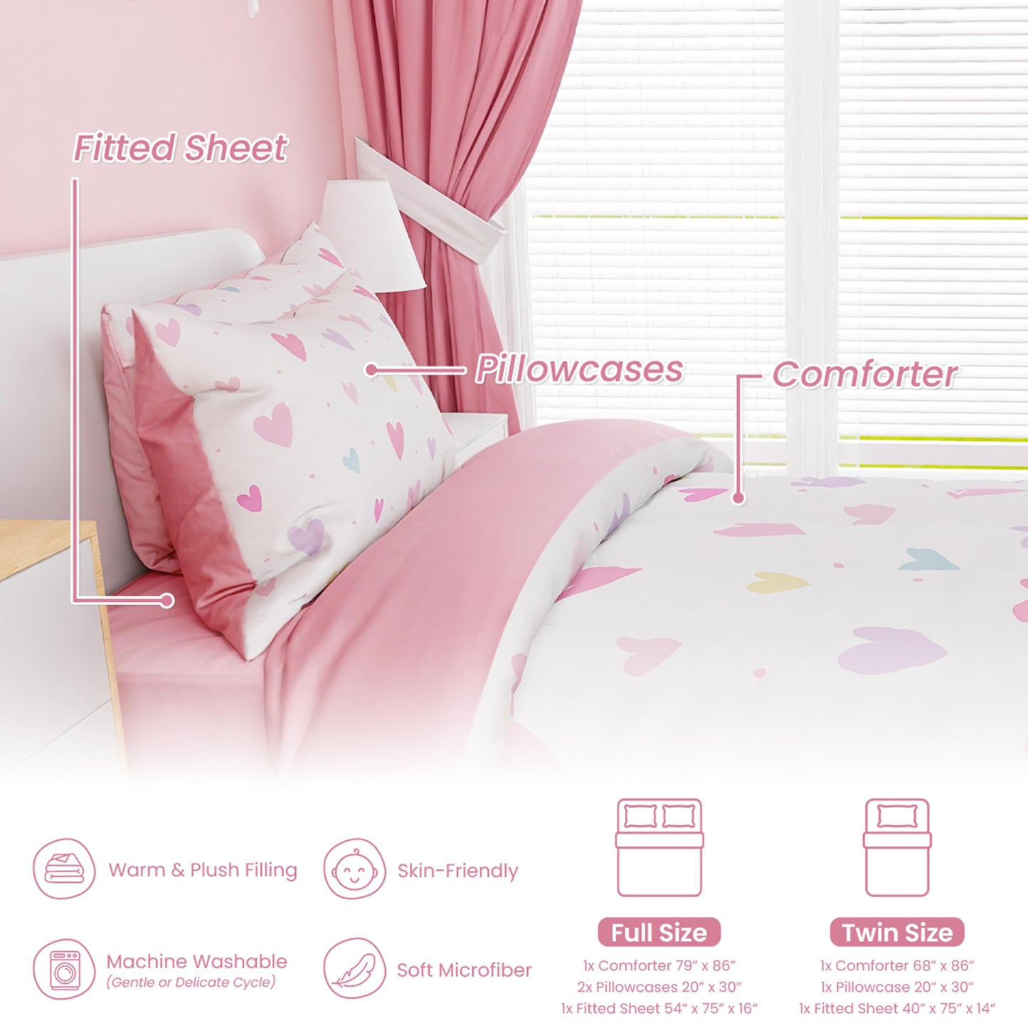 SANDJEST Heart Comforter Set Twin Size 68x86in for Kids Girls, Microfiber 3 Pcs Bedding Set Includes 1 Comforter, 1 Pillowcase, 1 Fitted Sheet, Nursery Room Decor