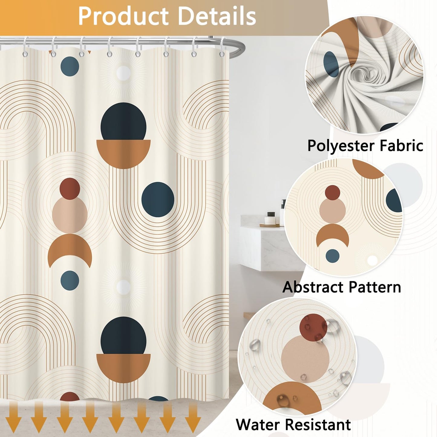 Abstract Mid Century Shower Curtain, Boho Geometric Arch Beige Retro Bathroom Shower Curtains, Morden Minimalist Hotel Style Polyester Shower Curtain, Waterproof Fabric with Hooks, 72" W x 72" L