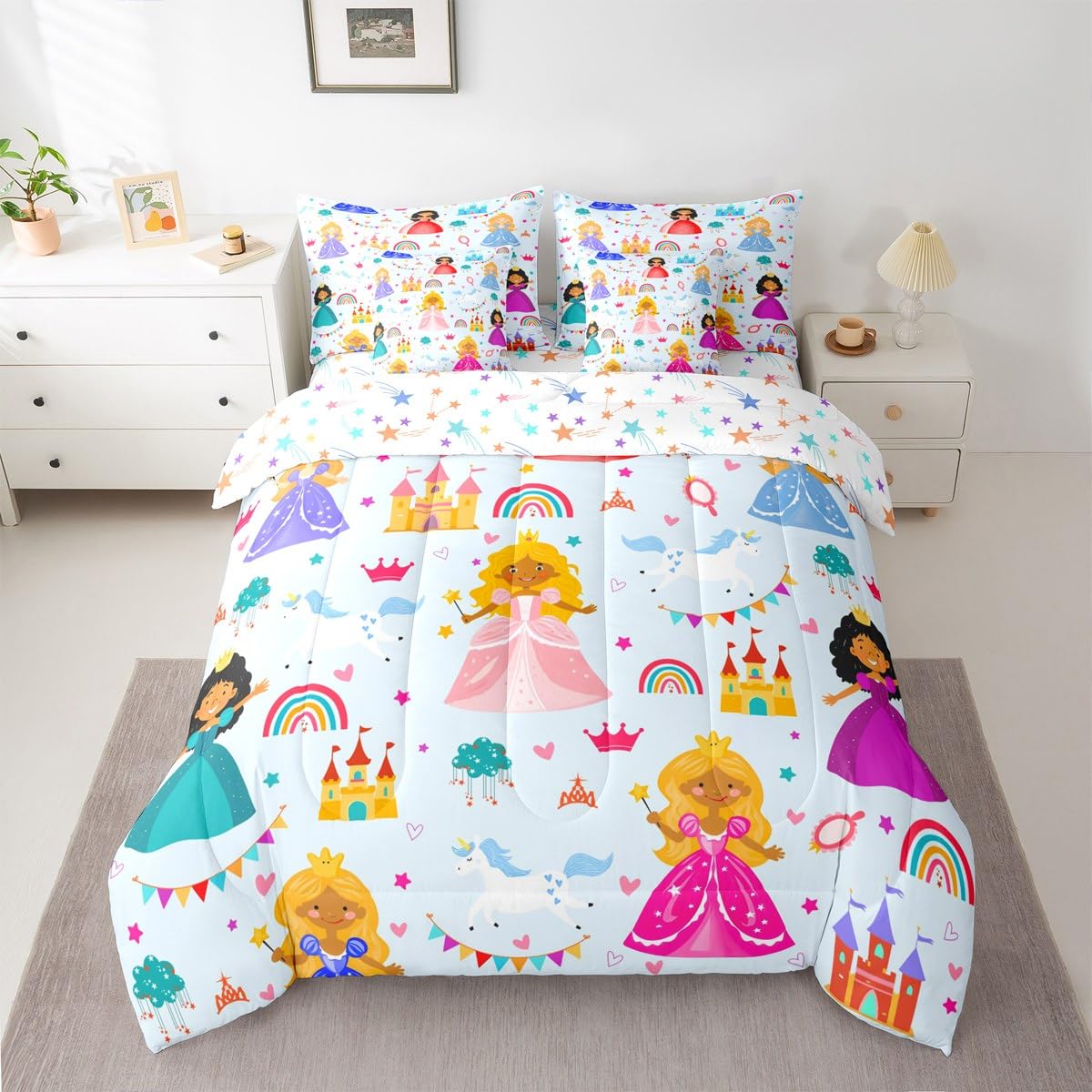 jejeloiu Cute Princess 7 Piece Bedding Set Twin Size Girly Loves Bed in a Bag for Boys Girls Bedroom Decor Pale Blue Clound Rainbow Comforter Set with Sheets,Pillowcases & Cushion Cover Castle Soft