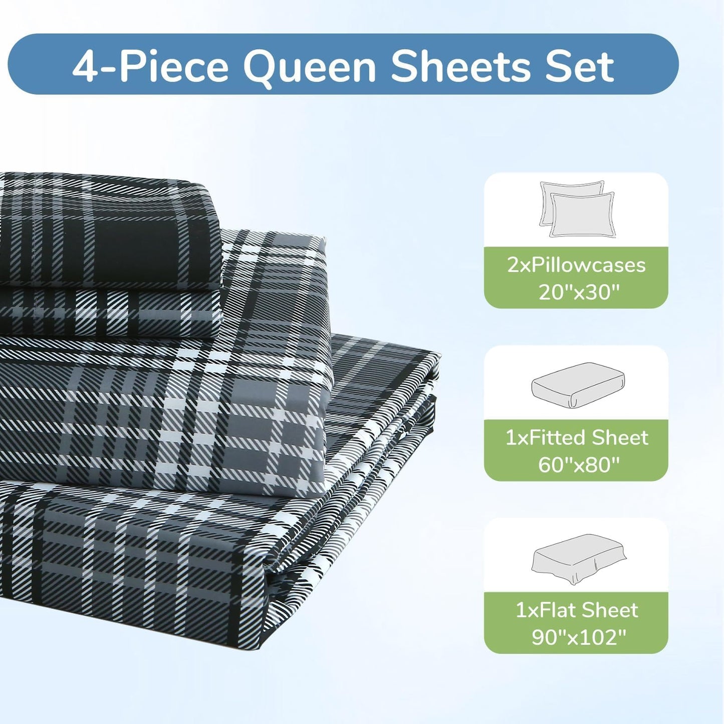 MUXHOMO Queen Size 4 Piece Sheet Set, Soft Breathable Bed Sheet Set for Bedroom with Deep Pocket Up to 16", Wrinkle-Free & Cooling Bedding for Oeko-TEX Certified - Black/White Plaid