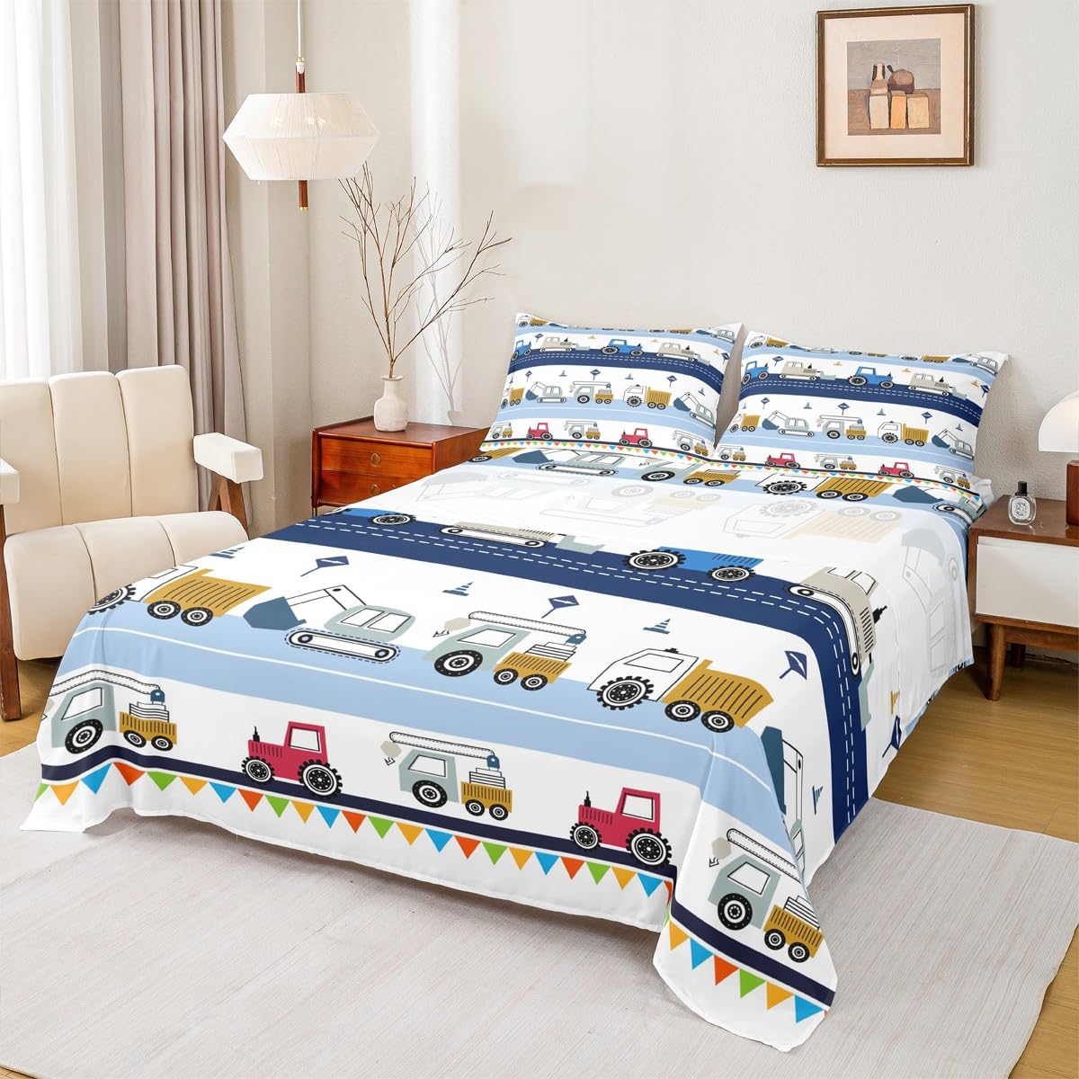 Feelyou Construction Sheet Set Kids Equipment Trucks Sheets with Deep Pocket Fitted Sheet Boys Cartoon Car Excavator Tractor Bed Sheets Set Construction Vehicles Blue White Bedding Set Full Size