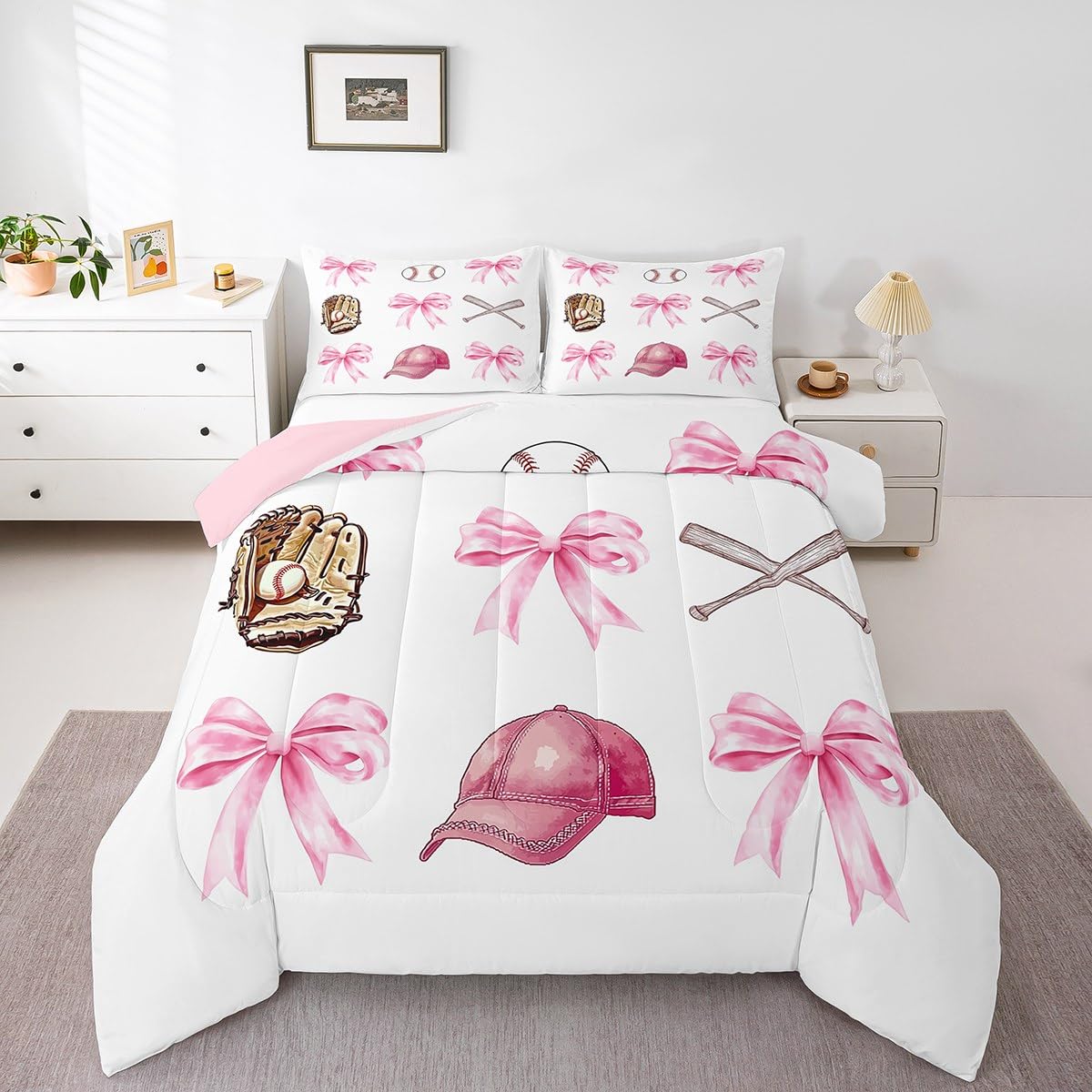 Castle Fairy Baseball Girls Full Bedding Set,Pink Bow Sport Lover Comforter Bed Set Teens Women Bedroom Decor,Cartoon Ball Hat Glove Quilt Set 3 PCS,Pink White Kids Duvet Insert,2 Pillow Cases