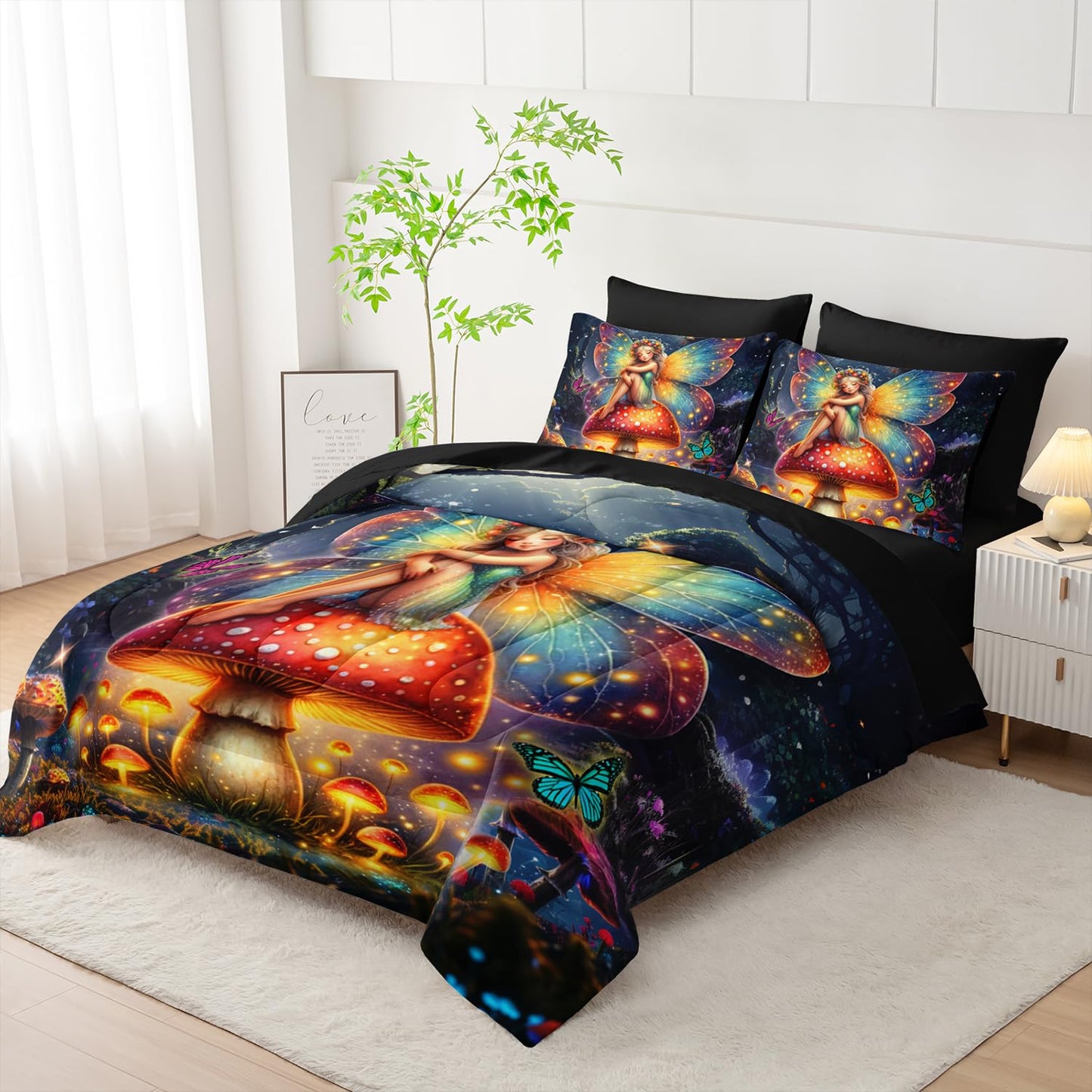 AILONEN 7-Piece Kids Beautiful Fairy Comforter Set,Butterfly Mushroom Fairy Bedding Set Bed in a Bag Twin Size,Girl Forest Spirit Comforter & Fitted Sheet with Flat Sheet,2 Pillowcases,2 Pillow Shams
