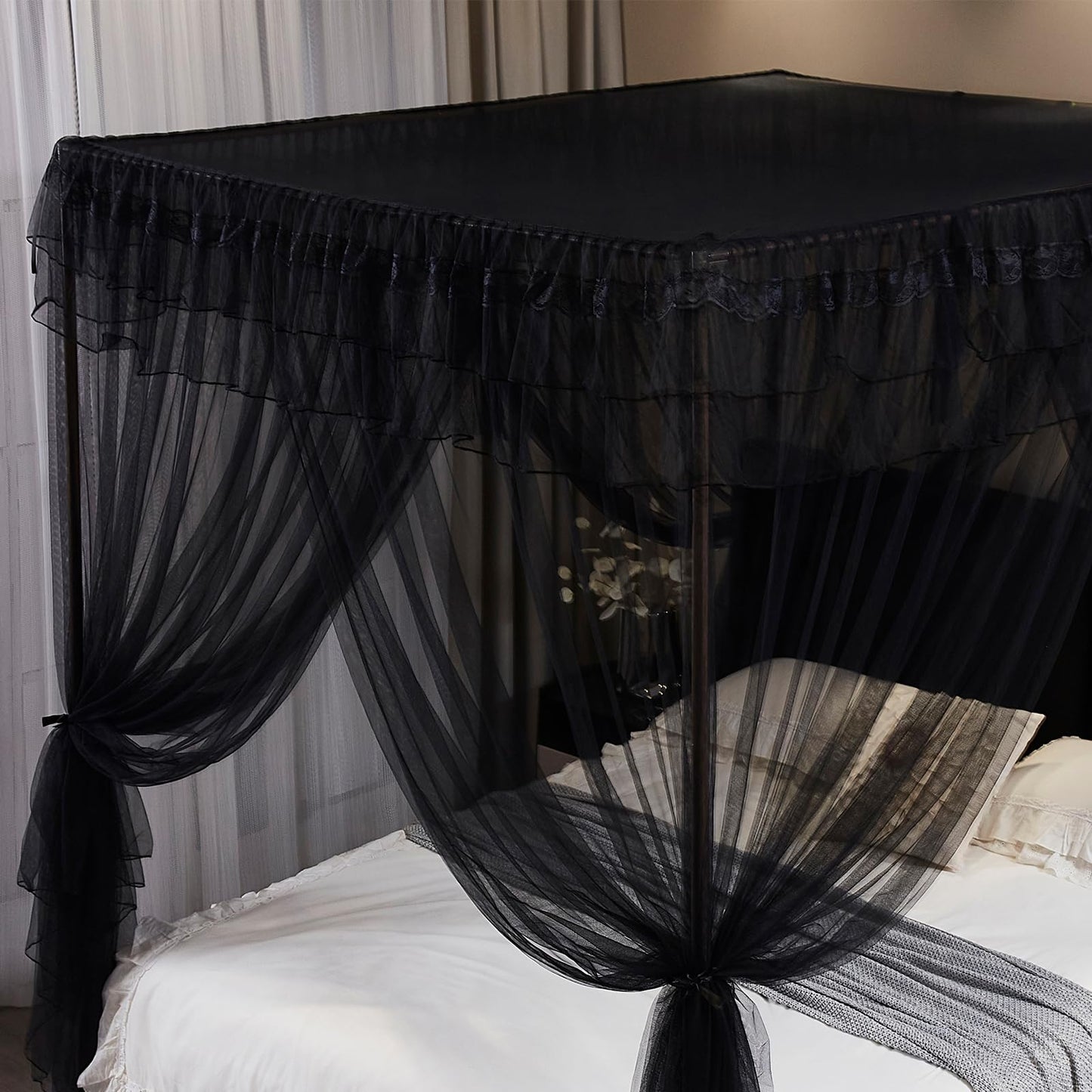 Kertnic Black Canopy Bed Curtains for Girls & Adults, Queen King Bed Canopy Drapes Netting, Practical Mosquito Net for Bed (King- 86" W*78" L*82" H)