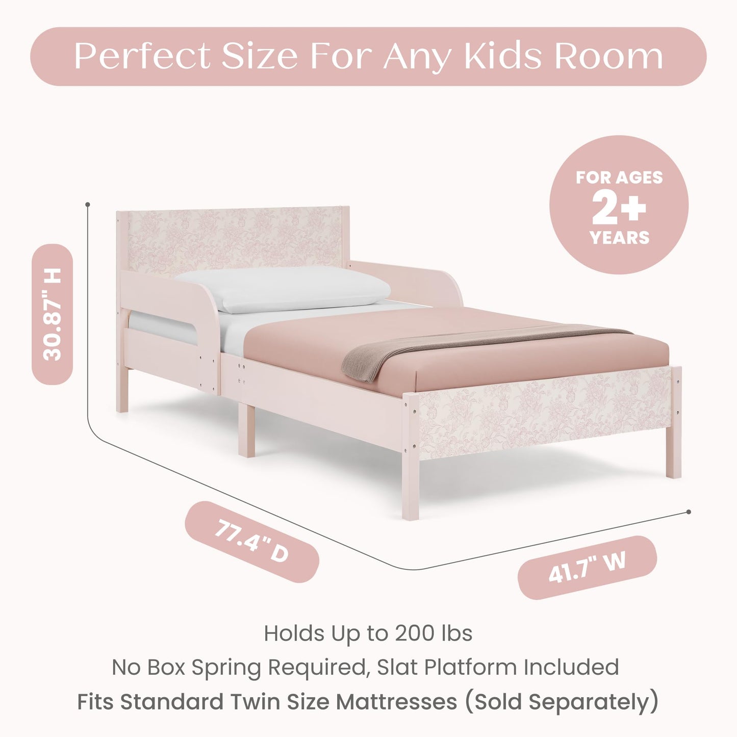 Delta Children Cora Wood Twin Bed with Removable Guardrails - Wood Twin Bed with Slats Supports for Girls & Boys Teens, No Box Spring Needed, Pink Floral Toile