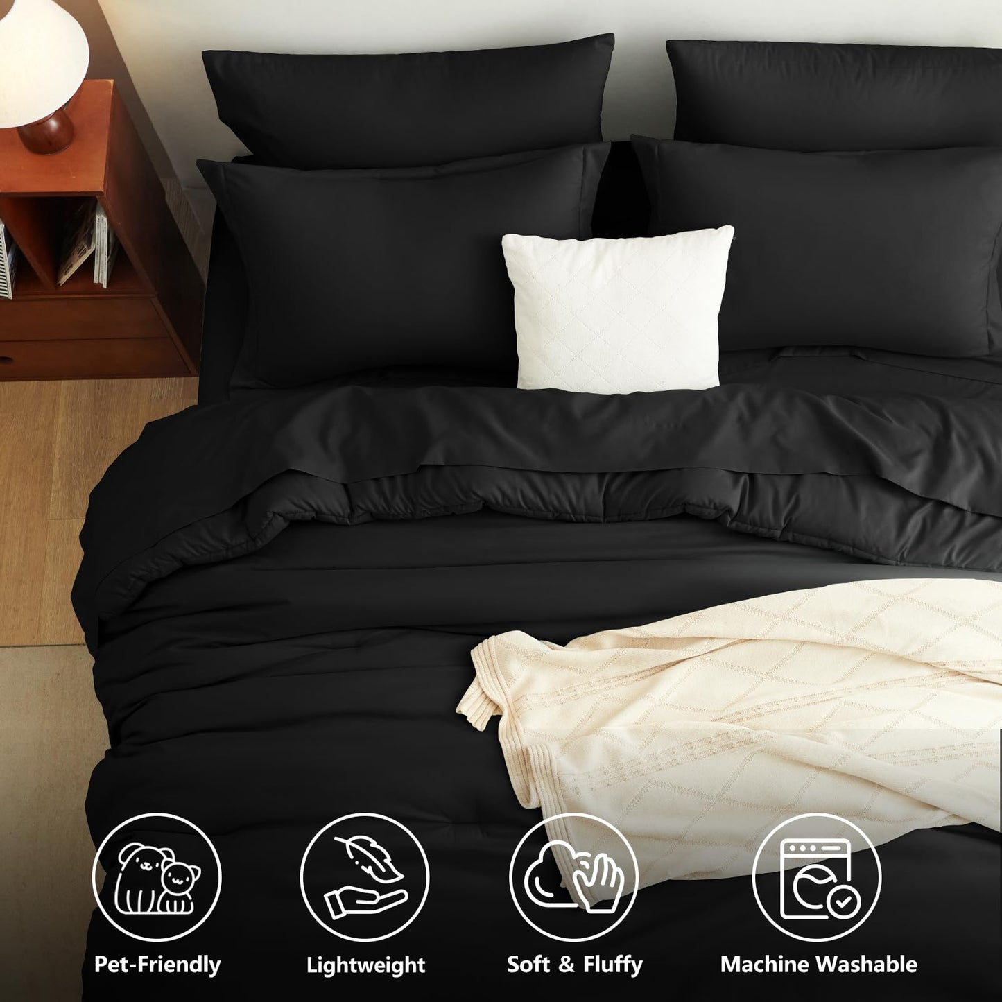 CozyLux Queen Comforter Set Black, 7 Pieces Bed in a Bag Queen Comforter Set with Sheets, Soft Bedding Sets with Down Alternative Comforter, Sheets, Pillowcases & Shams, Bed Set Gift for All Seasons