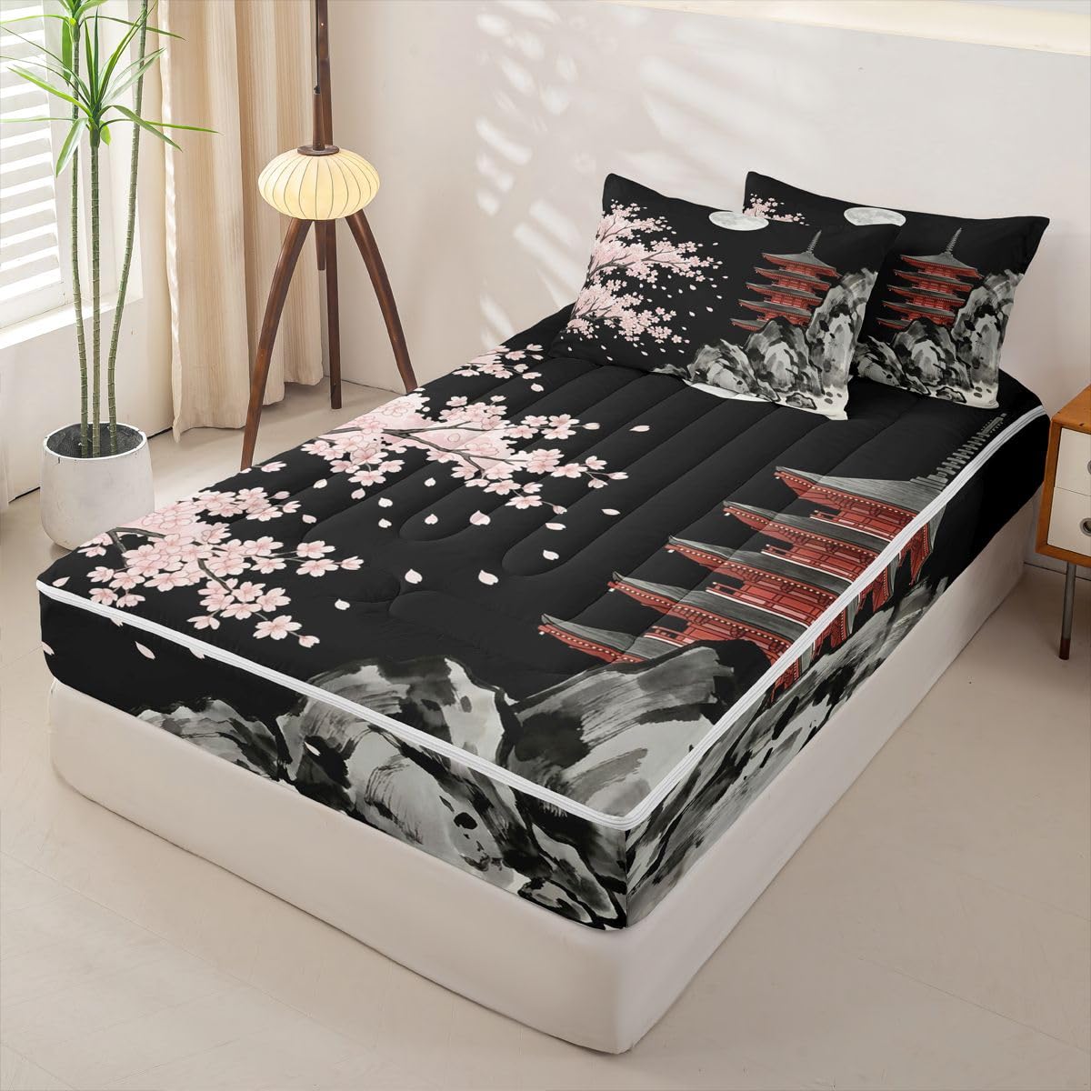 jejeloiu Pink Cherry Zipper Bedding Sets for Kids Boys Girls Japanese Style View Twin Comforter Set with Fitted Sheet Romantic Exotic Bedroom Decor Night Moon Microfiber with 2 Pillow Cases
