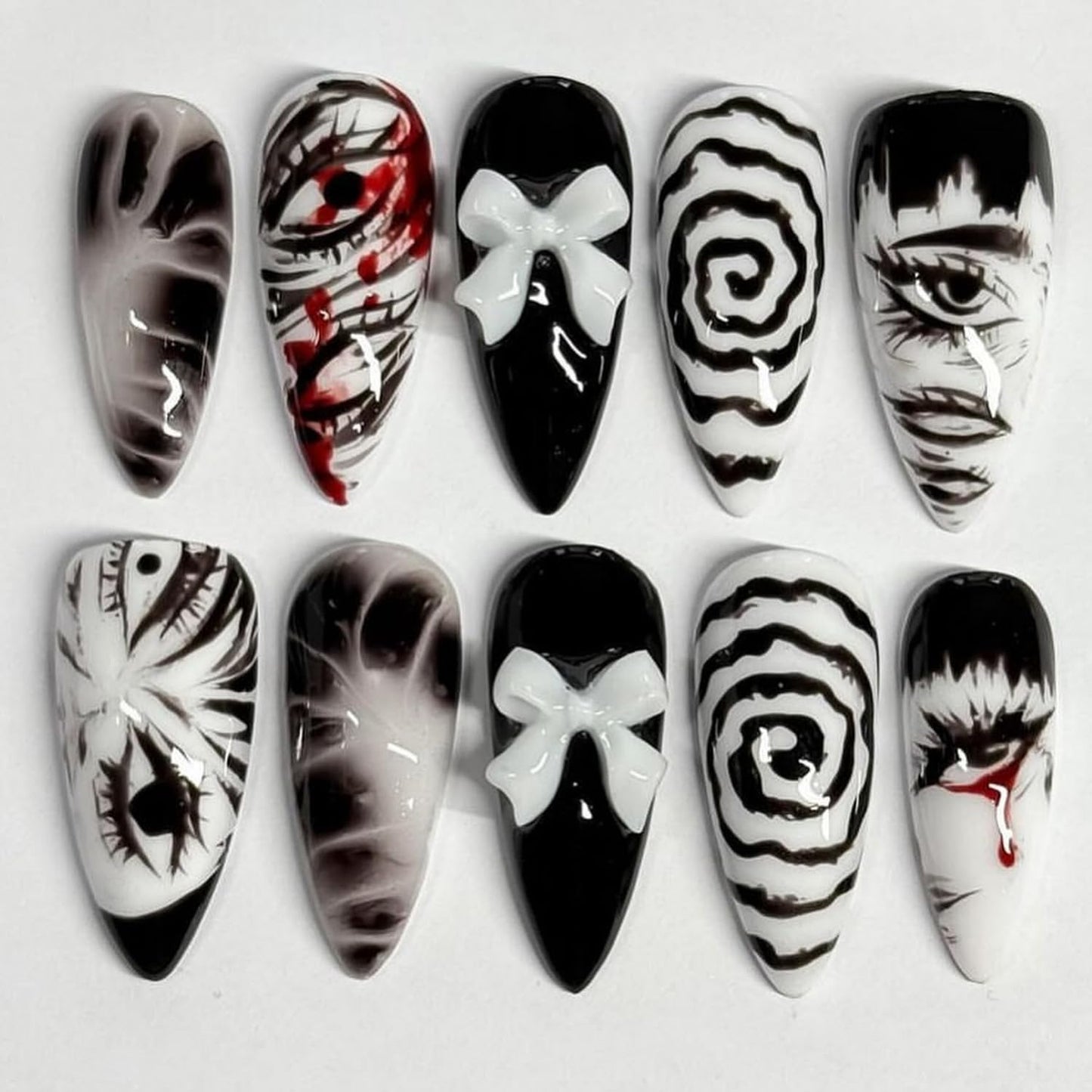 24Pcs Black Gothic Press on Nails Medium Almond Fake Nails with 3D Bow Design Y2k False Nails Glossy Full Cover Artificial Glue on Nails Eye Vortex Handmade Stick on Nail for Women Manicure Decoration