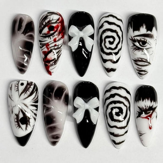 24Pcs Black Gothic Press on Nails Medium Almond Fake Nails with 3D Bow Design Y2k False Nails Glossy Full Cover Artificial Glue on Nails Eye Vortex Handmade Stick on Nail for Women Manicure Decoration