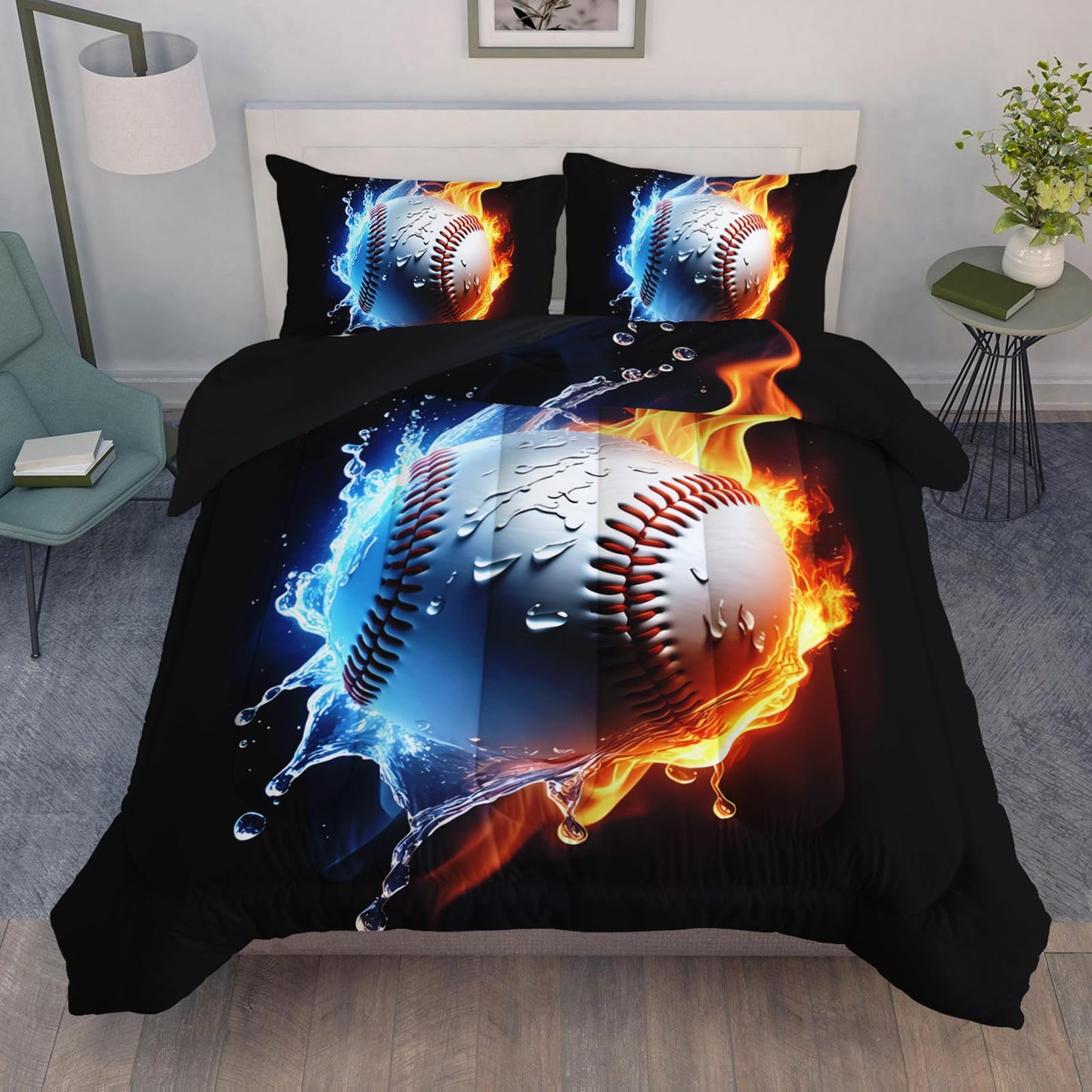 QOOMO 3Pcs Baseball Comforter Set Twin,Fire and Water Bedding Set for Teens Boys Girls,Sports Printed Comforter with 2 Pillowcases,Down Alternative,Soft and Lightweight