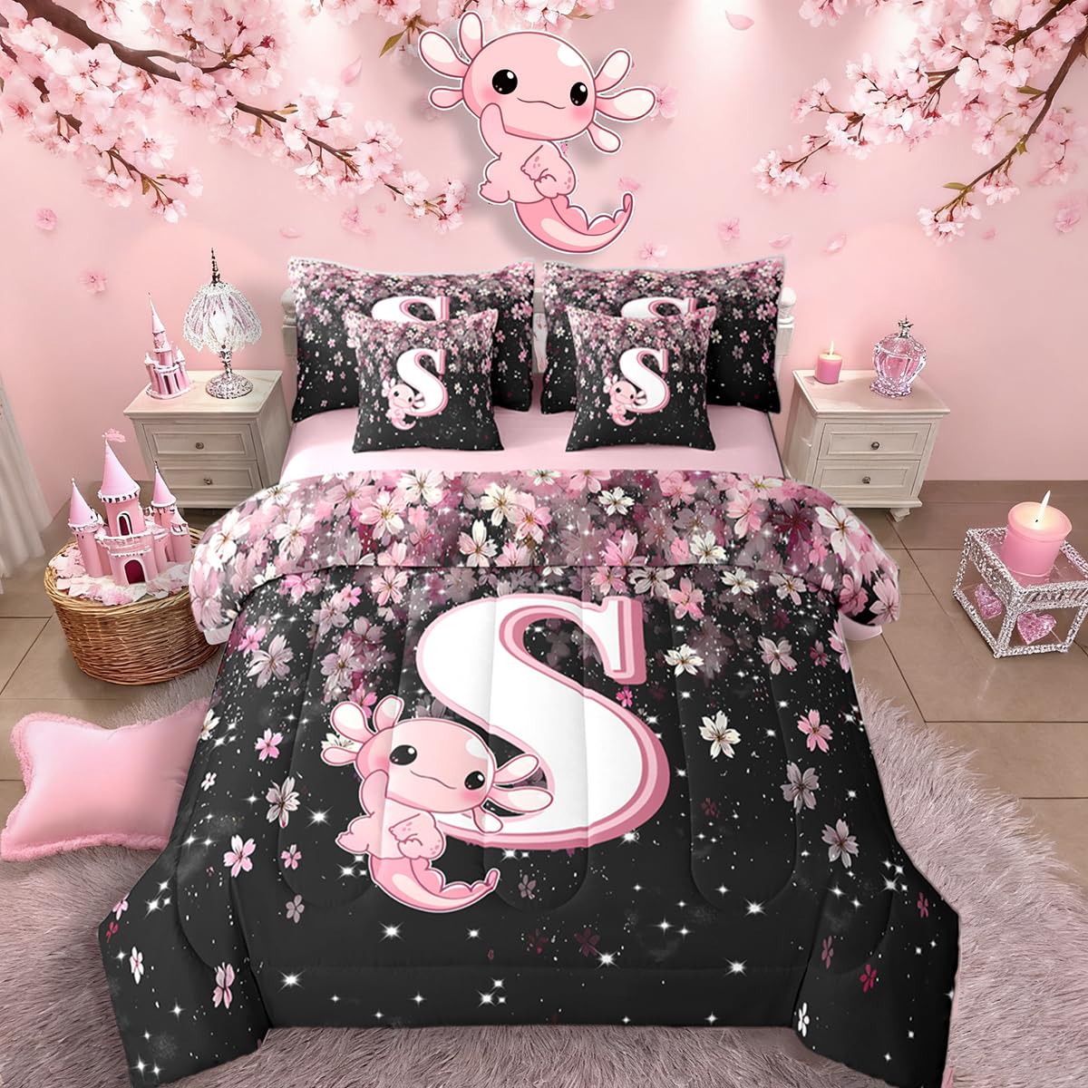 Erosebridal Japanese Cherry Blossom Bedding Set (Twin Size,7 Pieces) Cute Initial Axolotl Comforter Set with Sheets for Teen Girl Pink Axolotl Bed in A Bag with Letter S Design Monogram Duvet Insert