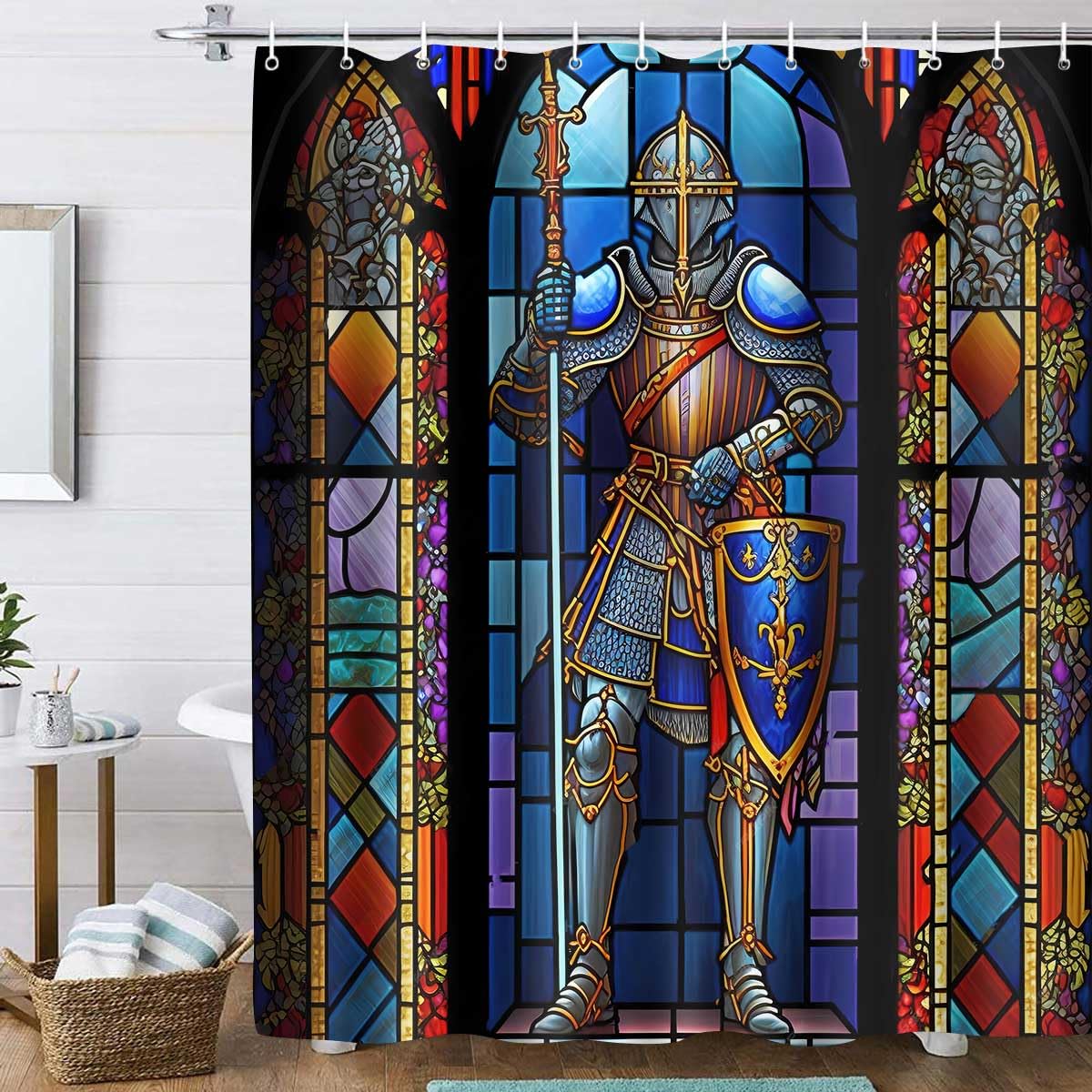 TPMDFC Medieval Shower Curtain, 72x72 inch Polyester, Medieval Knight Stained Glass Bathroom Shower Curtains Decor Set with 12 Hooks YLOKTP0834