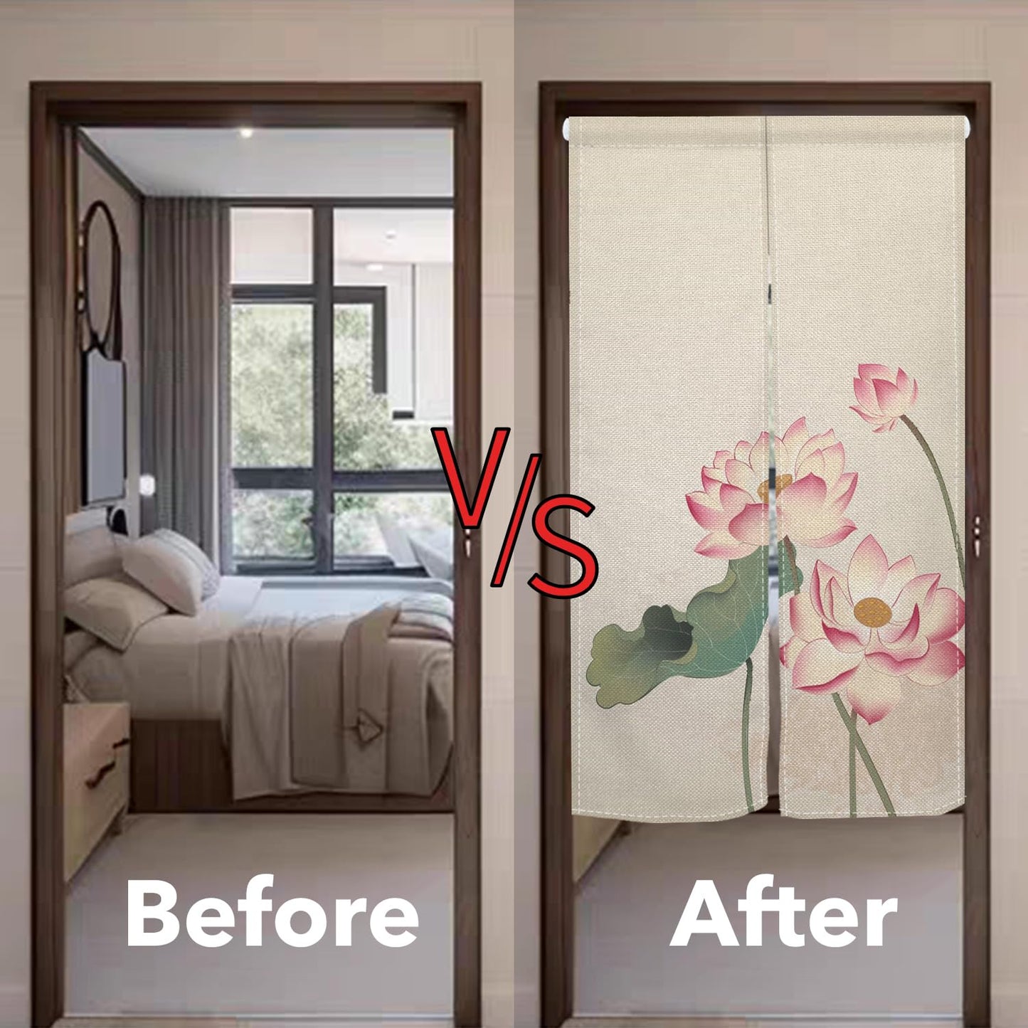 Leowefowa Long Style Noren Japanese Doorway Curtain Traditional Lotus Printed Window Treatment Fengshui Door Curatin Tapestry for Hanging Room Divider Curtains Kitchen Door Home Decor, 33.5"x 70.9"