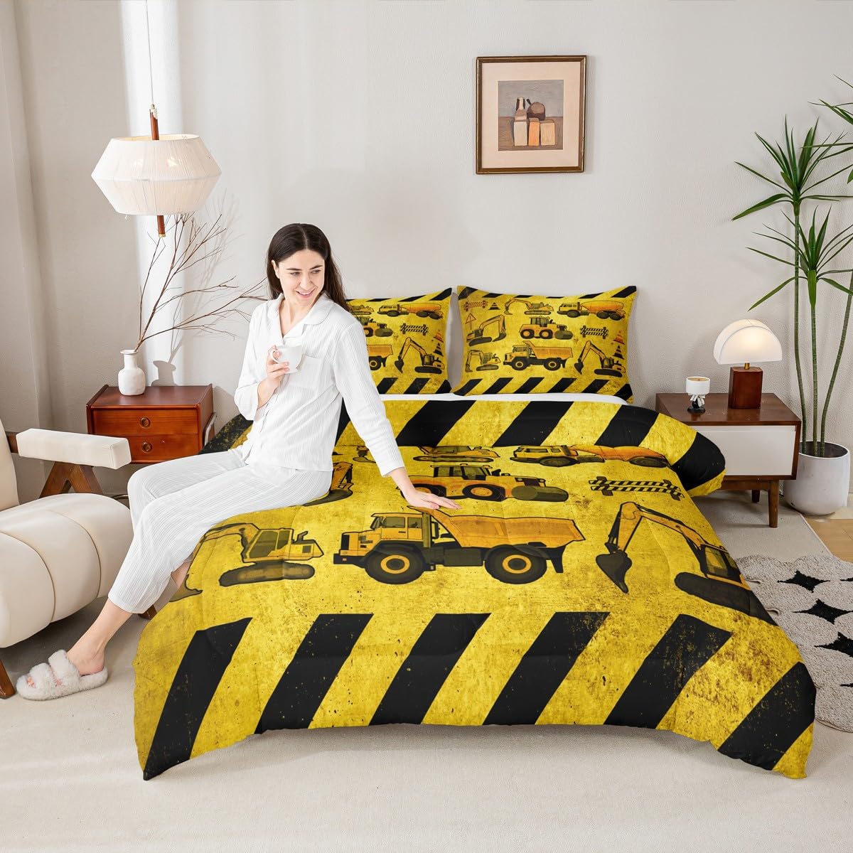 Boys Excavator Bedding Set Queen Size Kids Construction Vehicles Comforter For Kids Children Cartoon Machinery Truck Comforter Set Construction Site Cars Tractor Duvet Set 3Pcs With 2 Pillow Cases