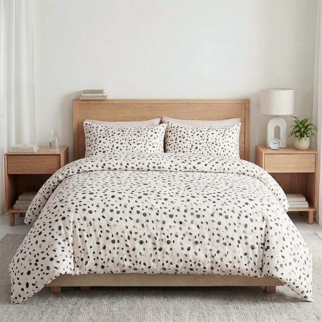 Cozaline 100% Cotton Duvet Cover Queen Size, Pink and Brown Dalmatian Spotted Bedding Set with Zipper Closure, Modern Irregular Speckled Comforter Cover with 2 Pillowcases for All Seasons