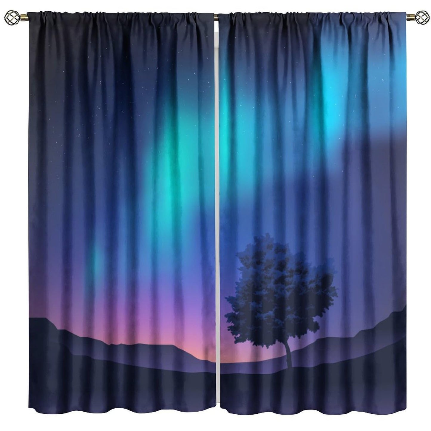GoDazzling Night Nature Landscape Curtains, Blue Pink Northern Lights Night Tree Under Starry Sky Rod Pocket Window Drapes, for Bedroom Living Room 41" W X 45" L (No Blackout)