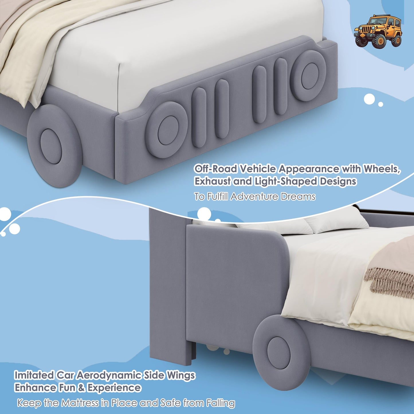 Keyluv Twin Car Bed Frame with LED Lights and Charging Station, Upholstered Platform Bed with Button Tufted Headboard and Wheels, No Box Spring Needed, Noise-Free, Easy Assembly, Velvet Grey