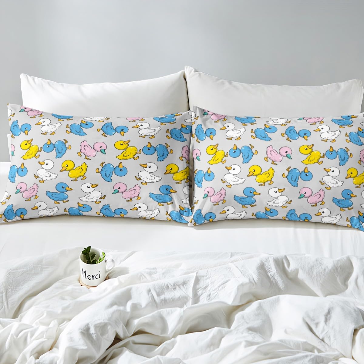 Erosebridal Cartoon Duck Bed Sheets for Kids Boys Girls,Colorful Lovely Duck Sheet Set,Cute Hand Drawn Goose Bedding Set Full,Lovely Farmhouse Animal Fitted Sheet + Flat Sheet + 2 Pillow Shams