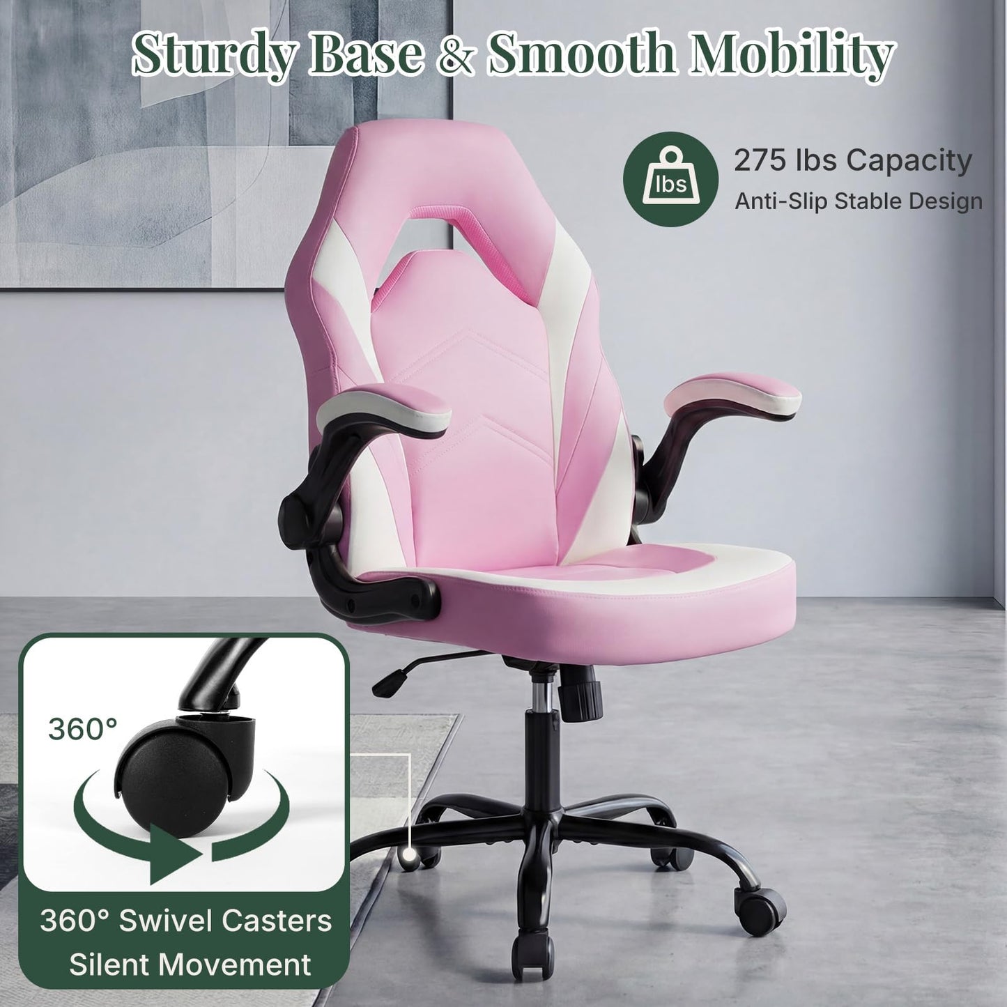 HAPPYMONT Ergonomic Computer Gaming Chair - Home Office Desk with PU Leather Lumbar Support, Height Adjustable Big and Tall Video Game with Flip-up Armrest, Swivel Wheels for Adults,White and Pink