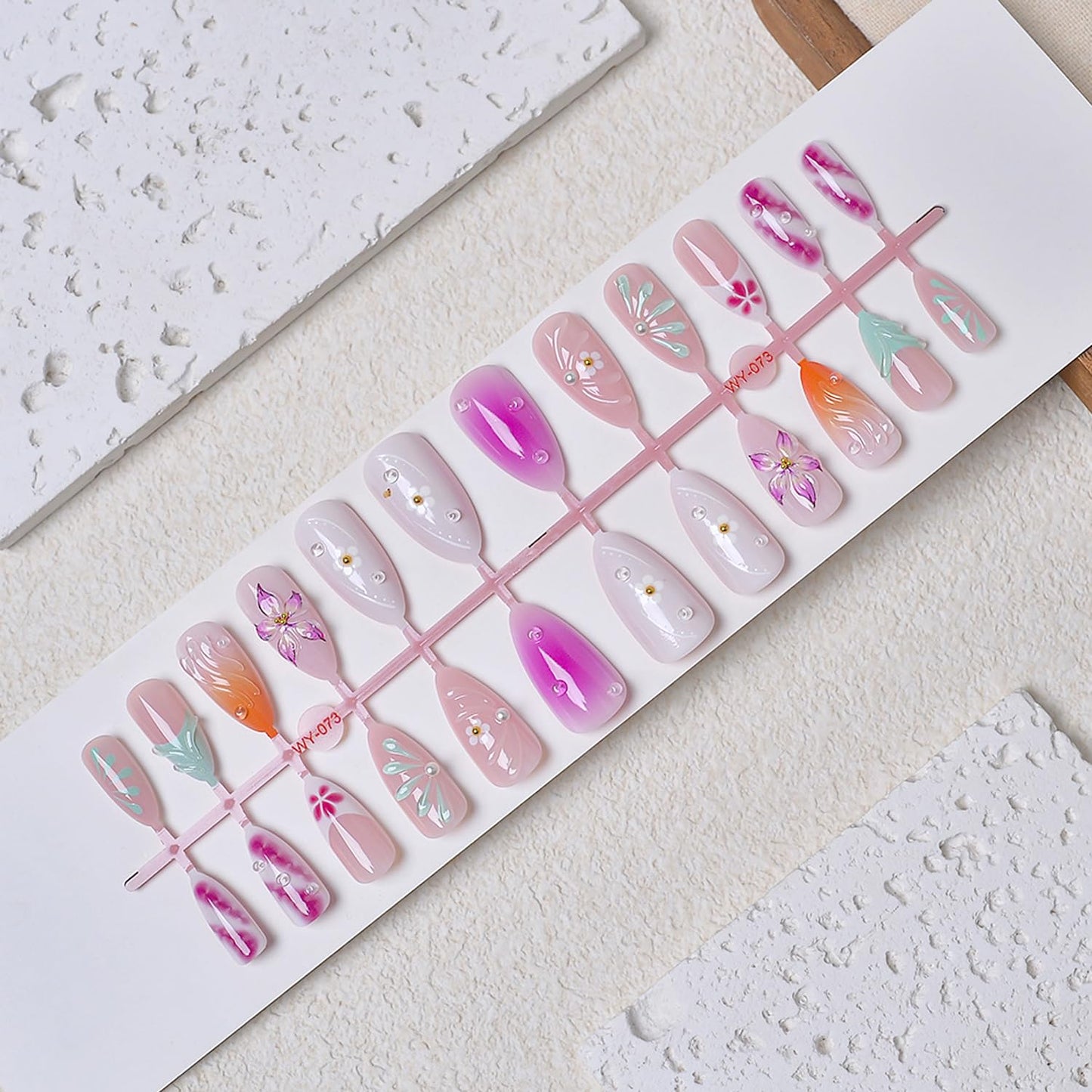 24Pcs Gradient Press on Nails Medium Almond Fake Nails with 3D Carved,Floral & Pearl Designs French Tip Cute Stick on Nails Pink False Nails Spring Summer DIY Nails for Women