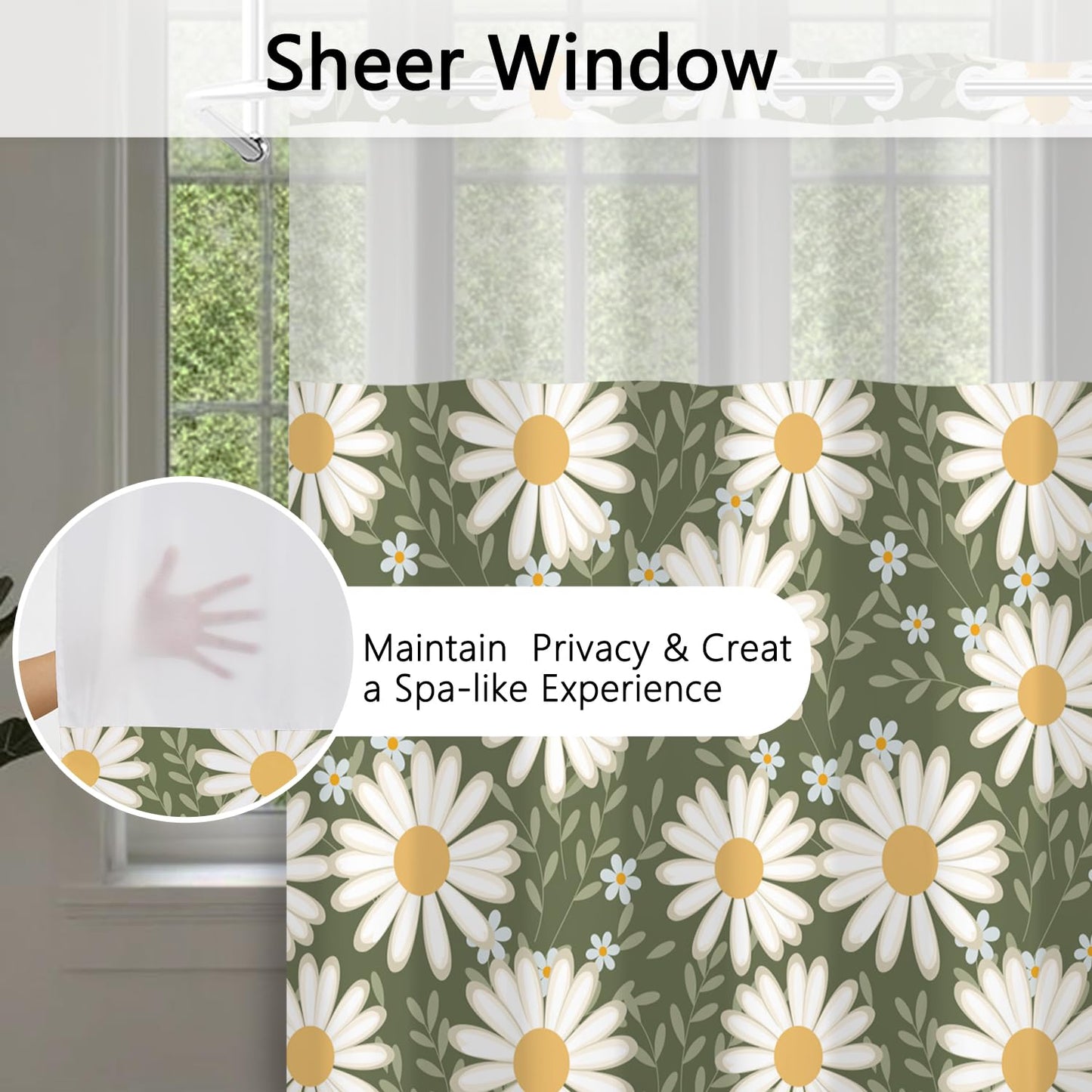NAEMBCU No Hooks Daisy Shower Curtain with Snap in Liner, Green & White Daisy Floral Shower Curtains for Bathroom, Waterproof Cloth Fabric with See Through Mesh Top Window, 71x74 Inch