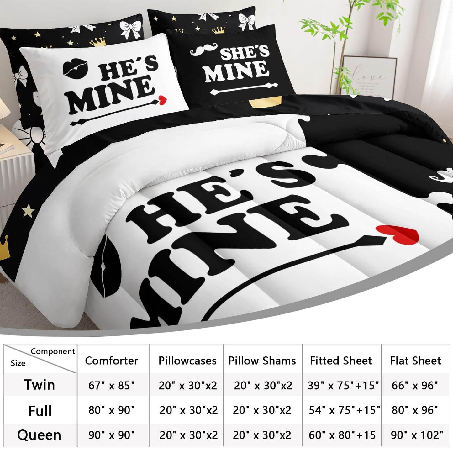 AILONEN Black and White Couple Comforter Set Full Size,7-Piece Soft Bed in a Bag,Valentine His Hers Comforter & Fitted Sheet & Flat Sheet & 2 Pillowcases,2 Pillow Shams for Bedroom