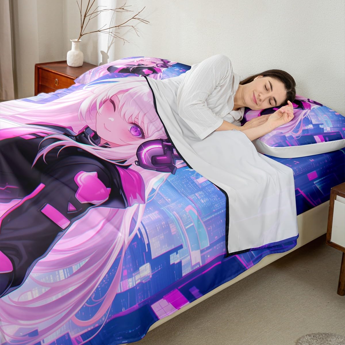 Erosebridal Twin Anime Girl Top Fitted Sheet 3 Piece, Kawaii Japanese Anime Sheet Set Cartoon Girl Bed Sheets Sci Fi Style Japanese Animation Bedding Set for Kids Girls Teens Adult Room