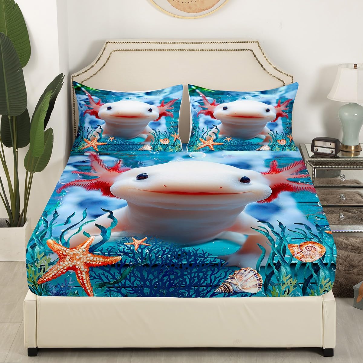 Cute Axolotl Fitted Sheet Set Full Size 4 Pcs,Seaweed Coral Conch Bedding Set(1 Fitted,1 Flat,2 Pillows),Sea Creatures Theme Luxury Deep Pocket Bed Sheets for Girls Teens Room