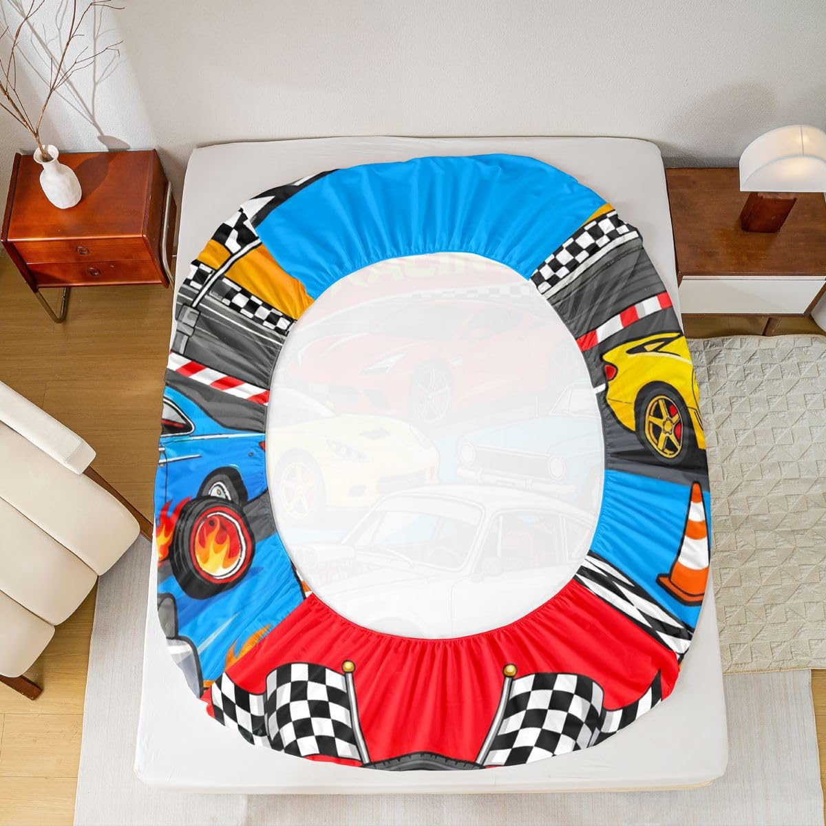 Feelyou Boys Race Car Fitted Sheet with 1 Pillowcase Twin Size Speed Sports Car Bed Sheets Set 16" Deep Pocket Boys Girls Racing Extreme Sports Bedding Teens Bedroom Decor Breathable Soft Lightweight