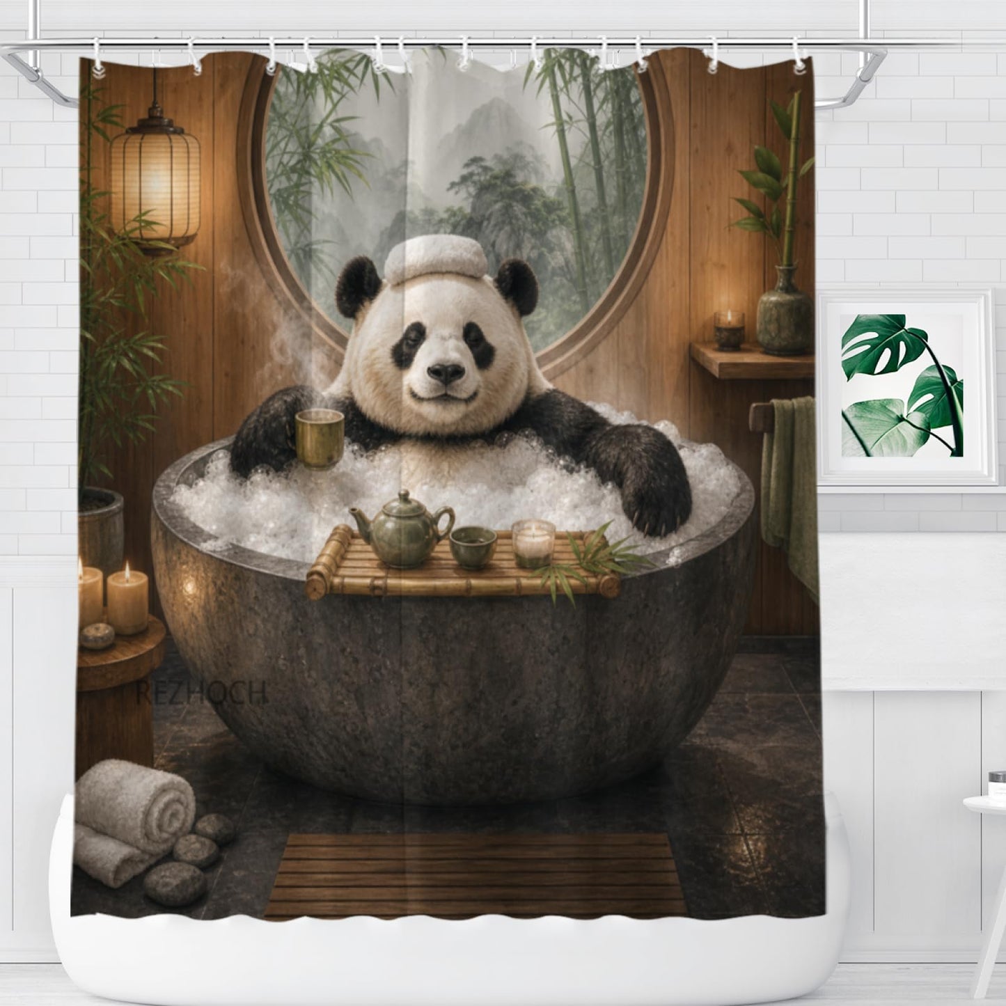 REZHOCH Funny Panda Shower Curtain 72x72 Inch Bamboo Spa Bubble Bath Teapot Candle Zen Bathroom Cute Animal Decor Bath Set with Hooks