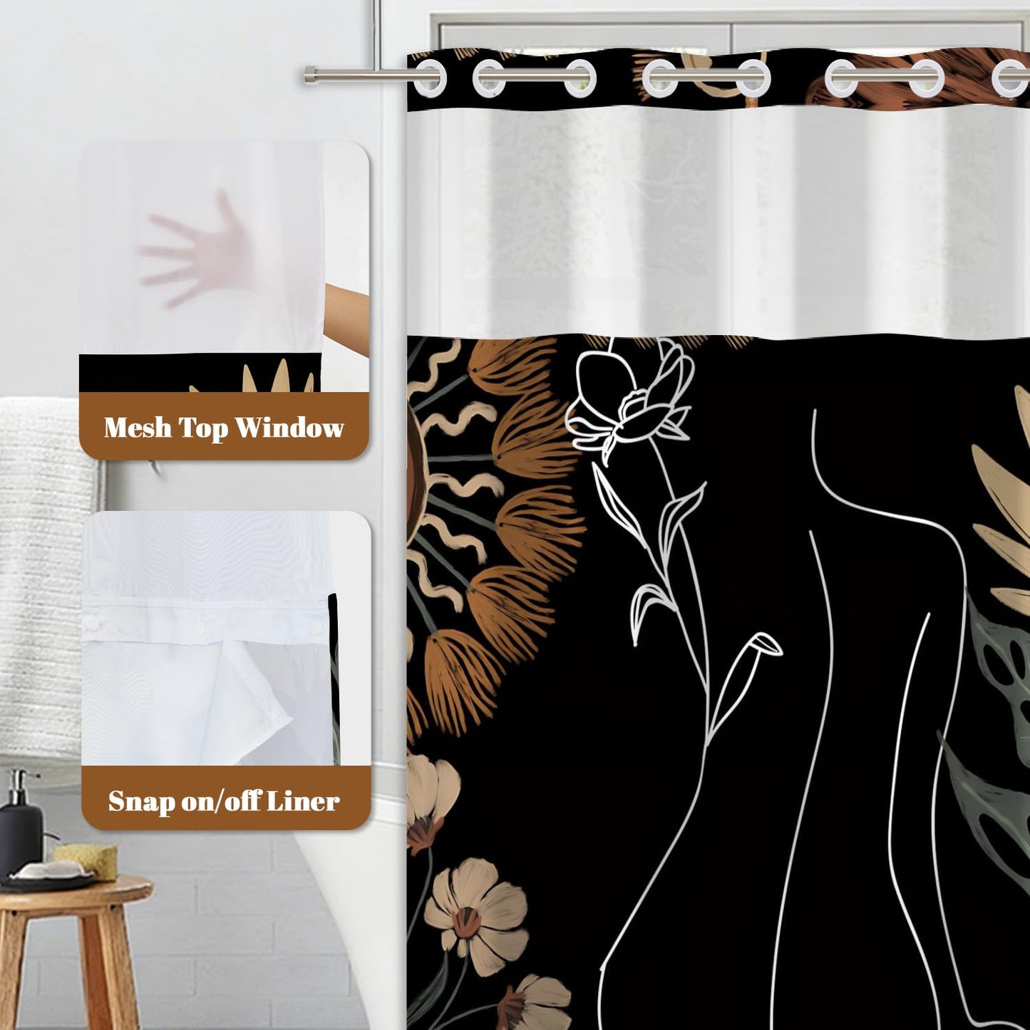 Xiazhilaio Abstract Boho Shower Curtain with Snap in Liner & Mesh Top Window - 71″W x 74″L Waterproof Fabric, Modern Floral Botanical Line Art Bathroom Curtain, Hotel Style No Hooks Bath Curtain Set