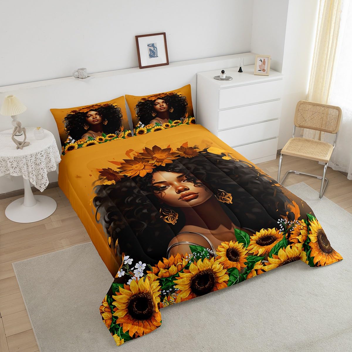 Homewish American African Comforter Set Queen Size,Lovely Black Woman Bedding Set for Kids Girls Teens Adult Room Decor,3D Sunflower Quilt Set 3Pcs Nature Romantic Beauty Duvet Insert,2 Pillowcases