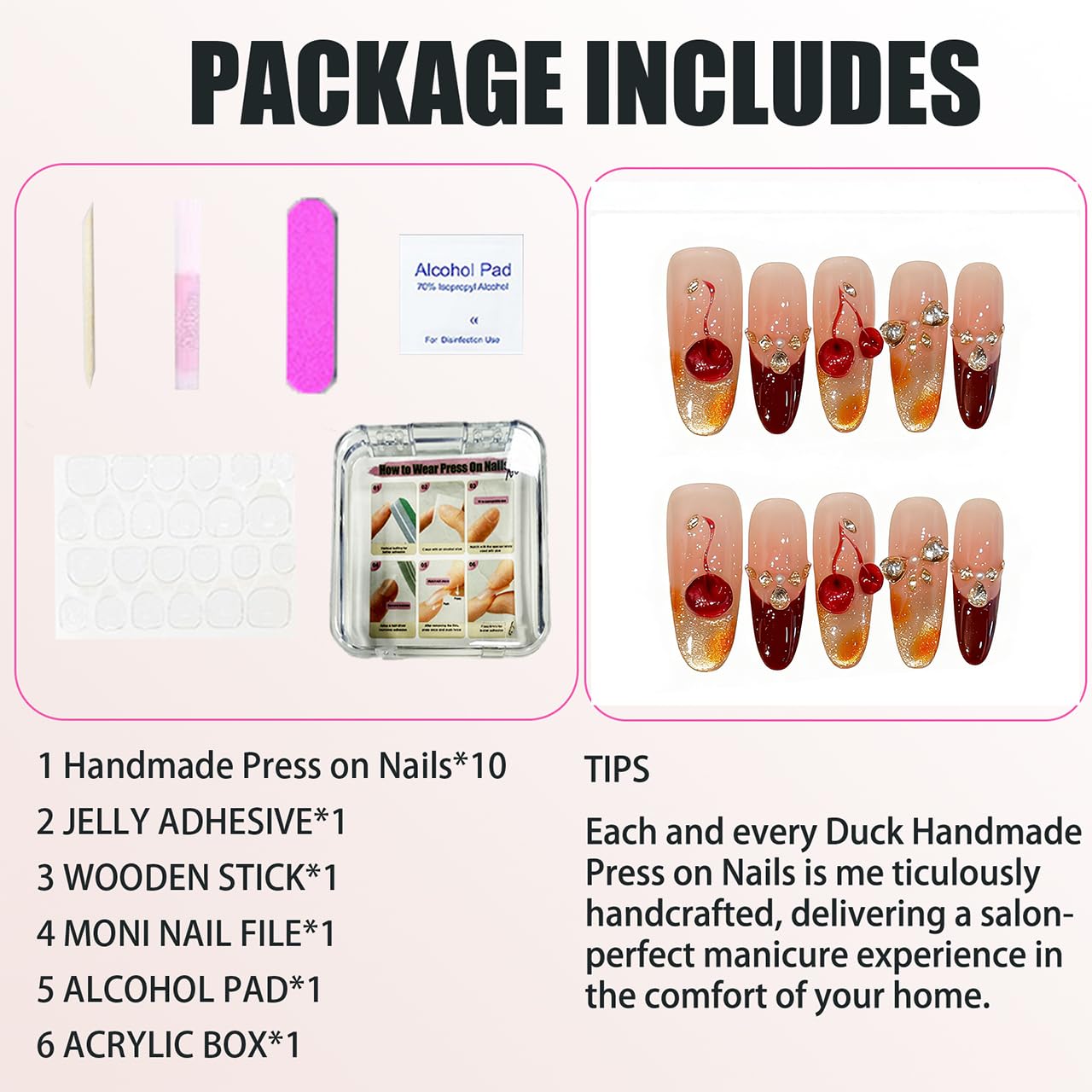 Handmade Press on Nails Square Sweet and Alluring Style Cherry Burgundy Nail Art with Rhinestone Embellishments Acrylic Nails Press on Handmade Nails Luxury Press on Nails（S）