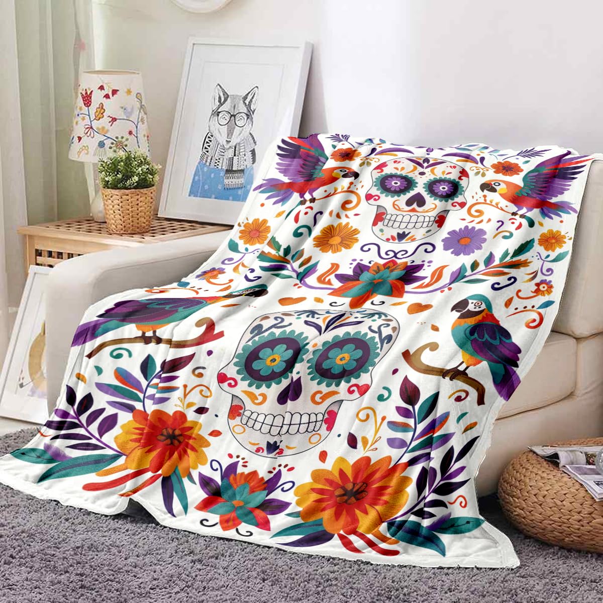 YWZDS Sugar Skull Fleece Blanket, Day of The Dead Design with Parrots and Flowers, Colorful Mexican Folk Art Theme, Halloween Blankets Fuzzy Gifts for Sofa Couch Bedroom (30 x 40 inch)