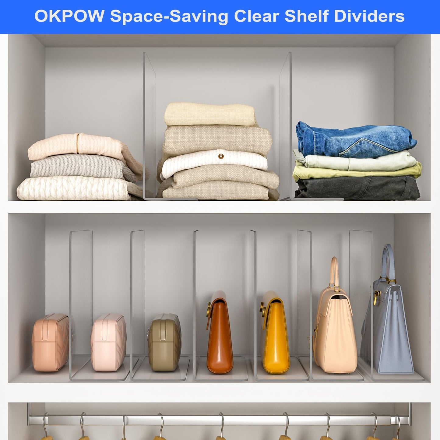 OKPOW Shelf Dividers Closet Organizer - 12" Tall X 11.8" Deep Acrylic Clear Sturdy Separate for Clothes Purse - Adjustable Space Saver Easy Install for Home Organization Enthusiasts 4 Pack