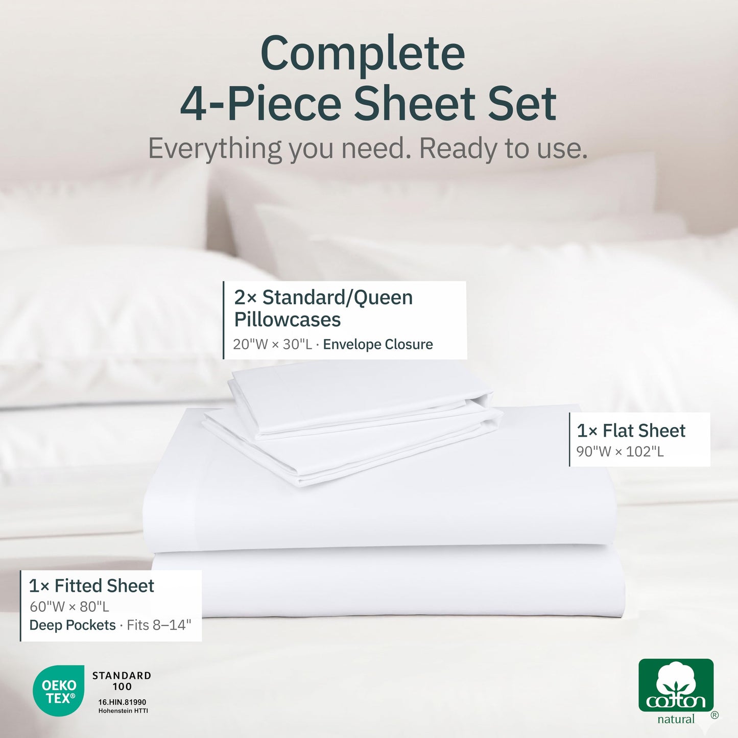 Super Soft 100% Cotton Queen Sheet Set - 4 Pcs - Durable Sheets, Deep Pockets, Easy Fit, Lightweight & Breathable, Suitable For Hot Sleepers & All Seasons, Minimal Wrinkles - White