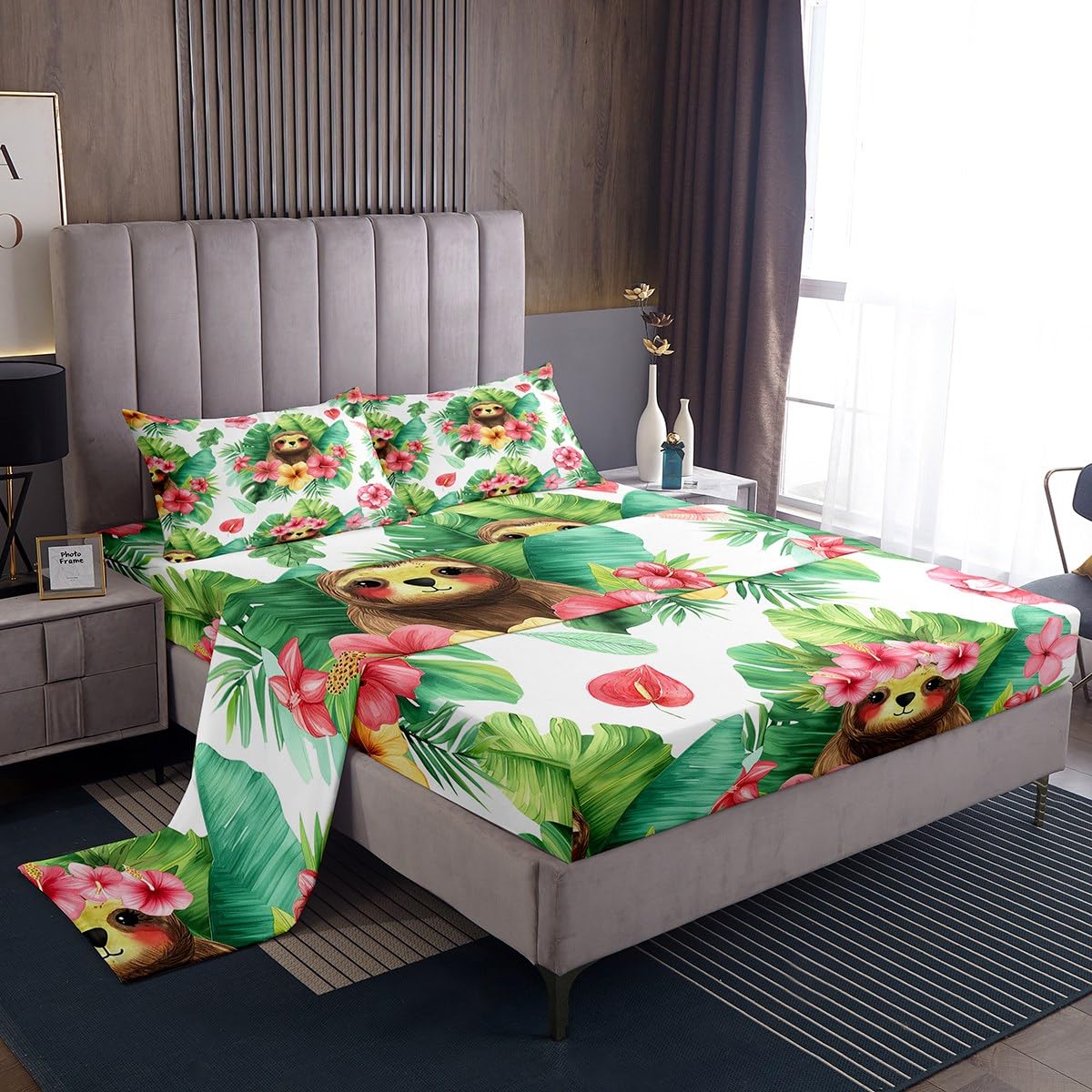 Erosebridal Cartoon Sloth Fitted Sheet Kawaii Sloth Bed Sheets Palm Leaf Cherry Blossom Monstera Sheet Set Hawaiian Tropical Leaf Animal Top Sheet for Kids Boys Girls, 4Pcs Full Size