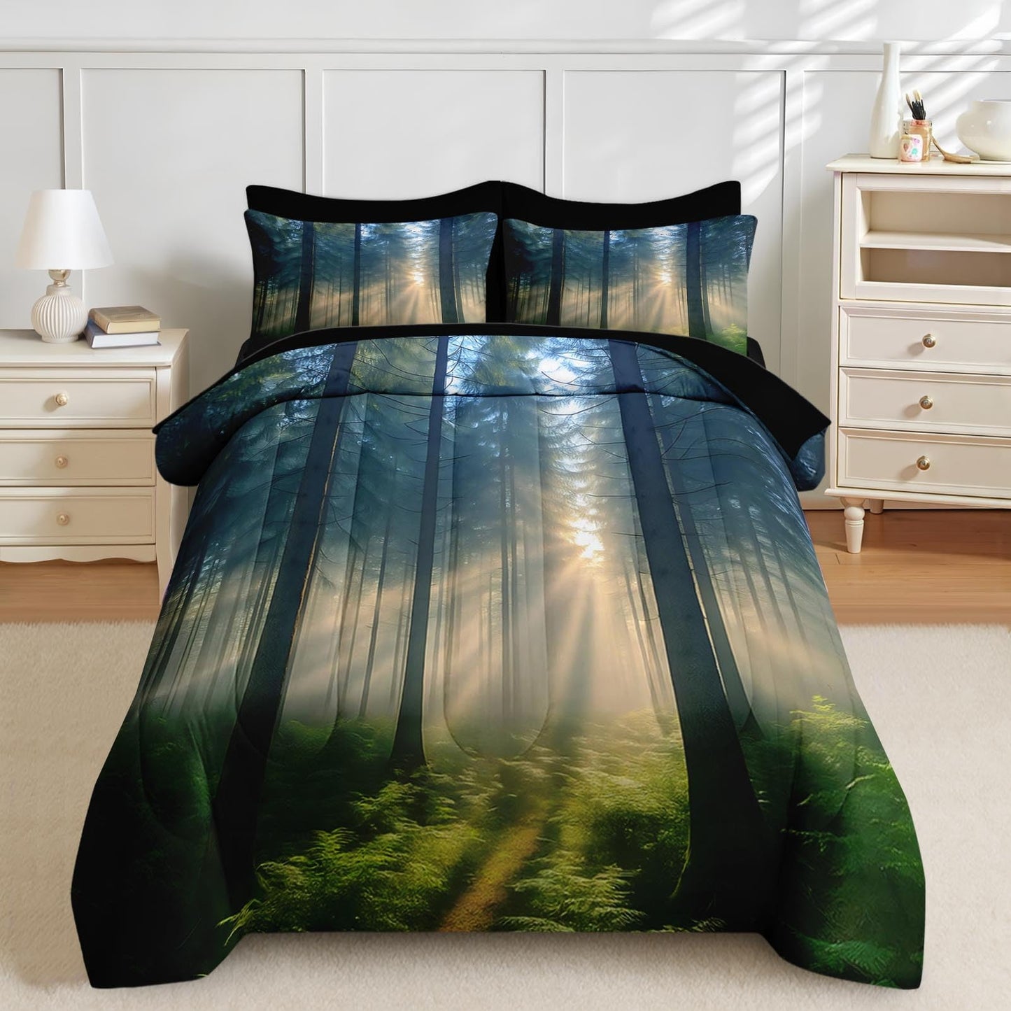 Nesker Comforter Set Queen Size, Sunlit Forest Nature 7 Pcs Bedding for Kids and Adults, Misty Tree Forest Bed Sheet Sets with Fitted Sheet 2 Pillowcases & 2 Shams