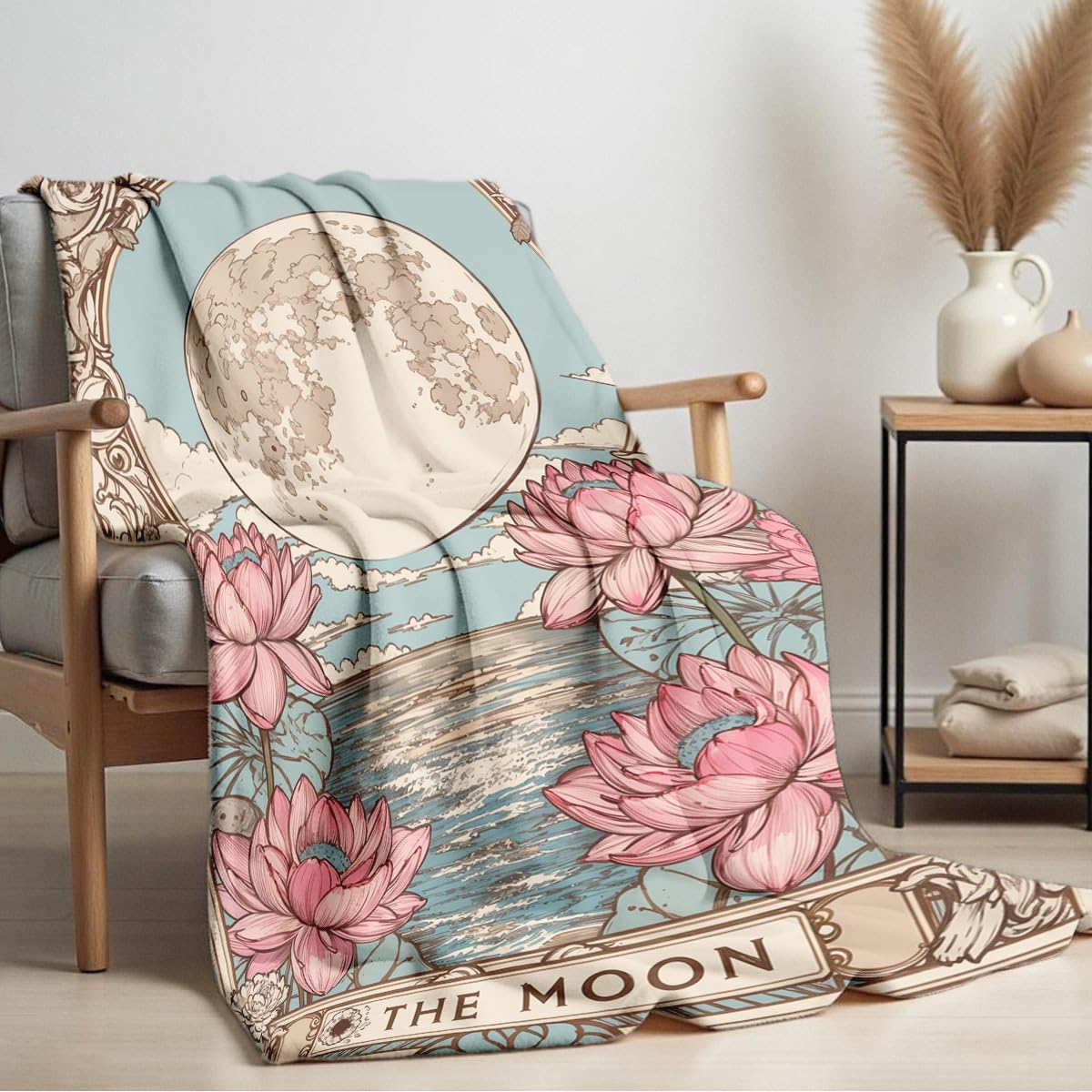 HUNXIAOJ Sun Moon Celestial Print Blanket Boho Celestial Flannel Throw Beige Blanket Throw for Couch Bed Home Living Room Boho Decor Gifts for Kids Adult (59"x78")