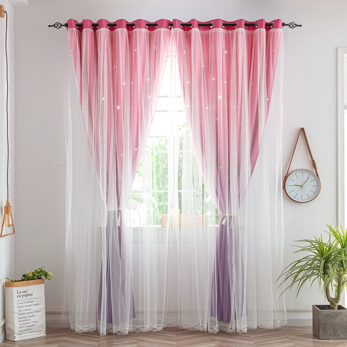 Yancorp Kids Curtains for Girls Bedroom Princess Curtains for Daughter Room 84 Inches Long Star Curtains with Tieback & 3 Bowties(Pink Purple,W52*L84),1 Panel