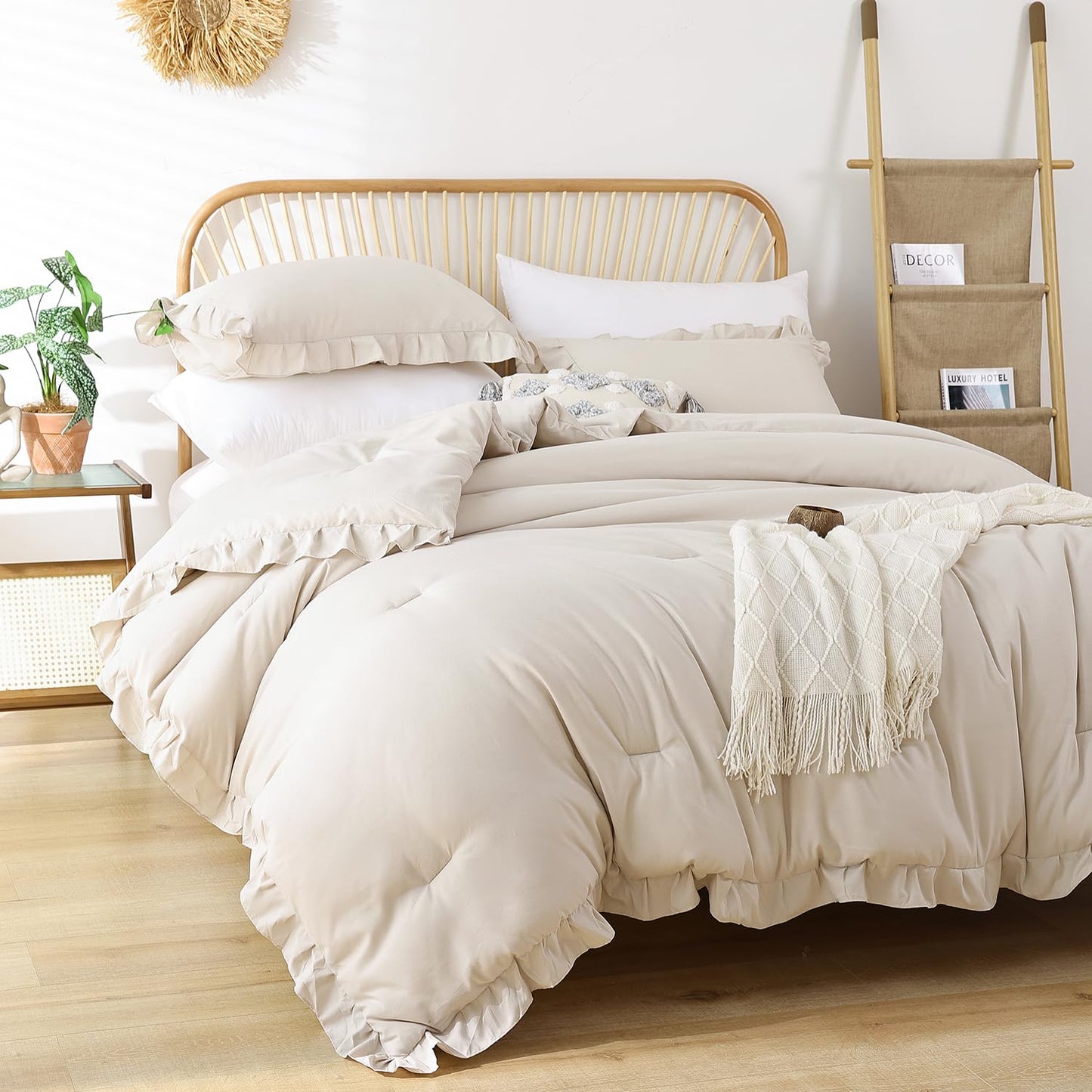 JANZAA Beige Comforter Set Queen – Soft Microfiber, Lightweight All Season Bedding, Ruffle Shabby Chic Aesthetic, Breathable Cozy Bed Set with 2 Pillow Shams, Machine Washable