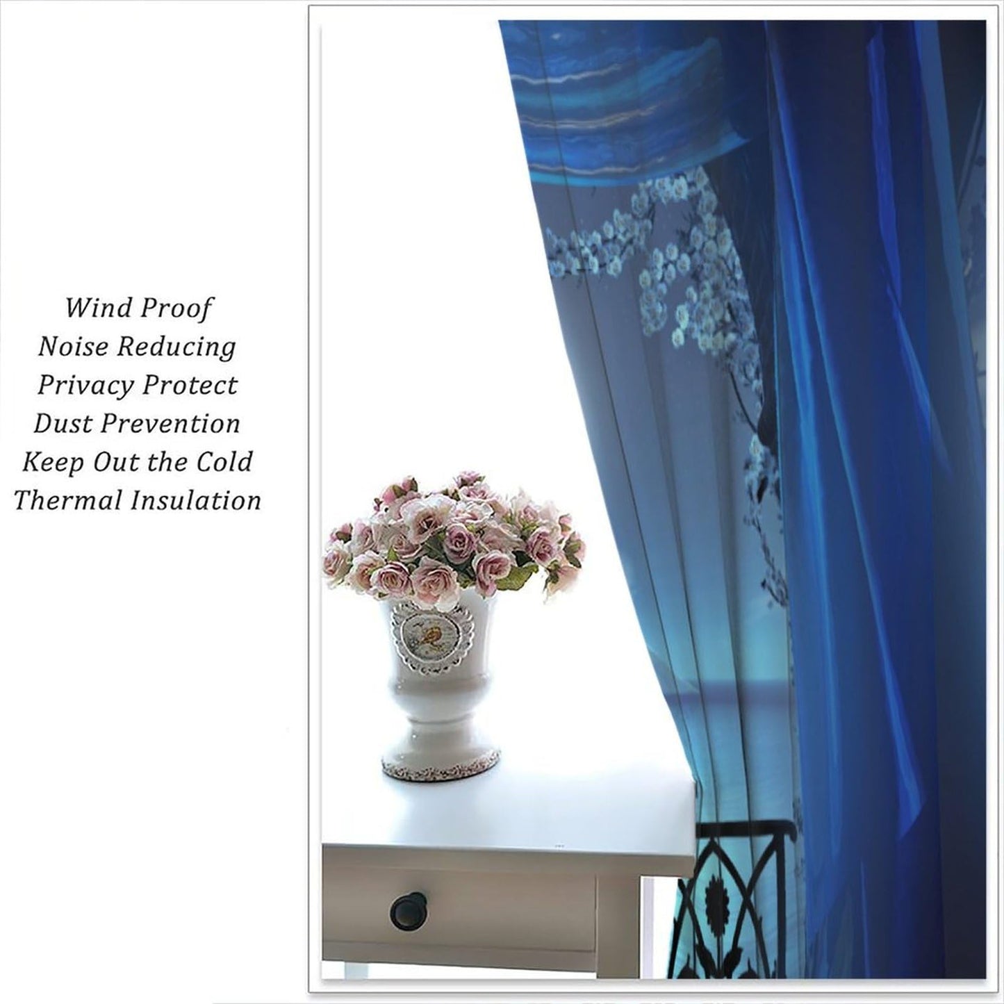 YCness Gothic Window Curtains, Retro Palace Architecture White Flowers Horror Atmosphere Calm Lake Scenery Window Treatments for Kitchen Bedroom Living Room 2 Panels Blue Drapes 42x45 Inch
