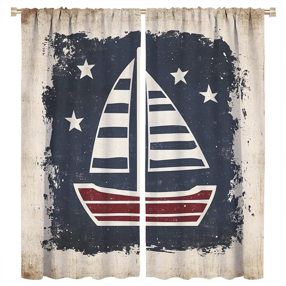 YFBBINS Retro Sailboat Pattern Blackout Curtains Thermal Insulated for Bedroom Living Room, Geometric Vintage Sailing Ship Rod Pocket Curtain Light Blocking Drapes, 2 Panels, Each 21 W x 45 L inch