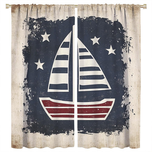YFBBINS Retro Sailboat Pattern Blackout Curtains Thermal Insulated for Bedroom Living Room, Geometric Vintage Sailing Ship Rod Pocket Curtain Light Blocking Drapes, 2 Panels, Each 21 W x 45 L inch
