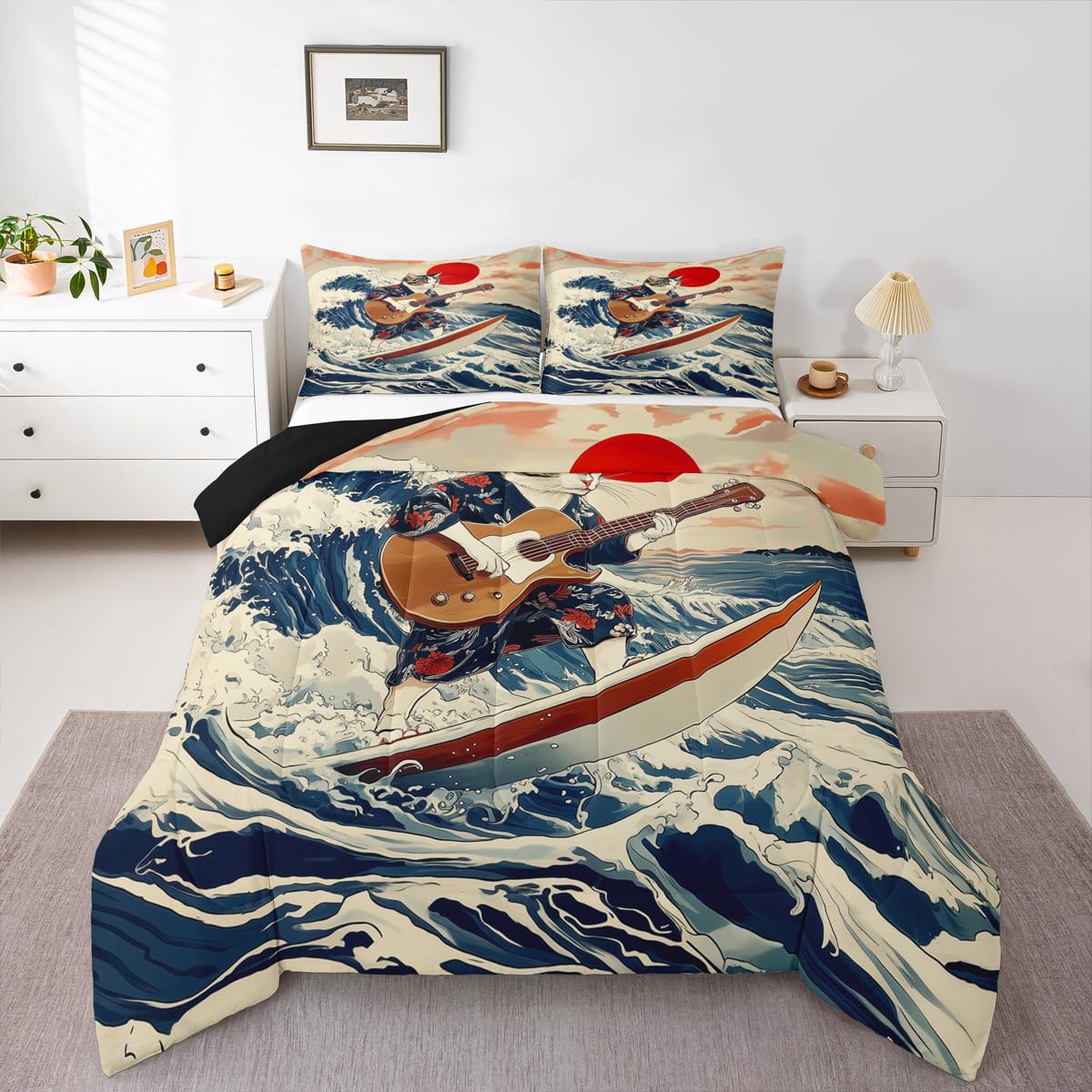 Erosebridal Japanese Cat Guitar Player Bedding Set Queen Rock Music Theme Comforter Set for Kids Boys Girls Nautical Surfing Down Comforter,Cute Animal Quilt Duvet