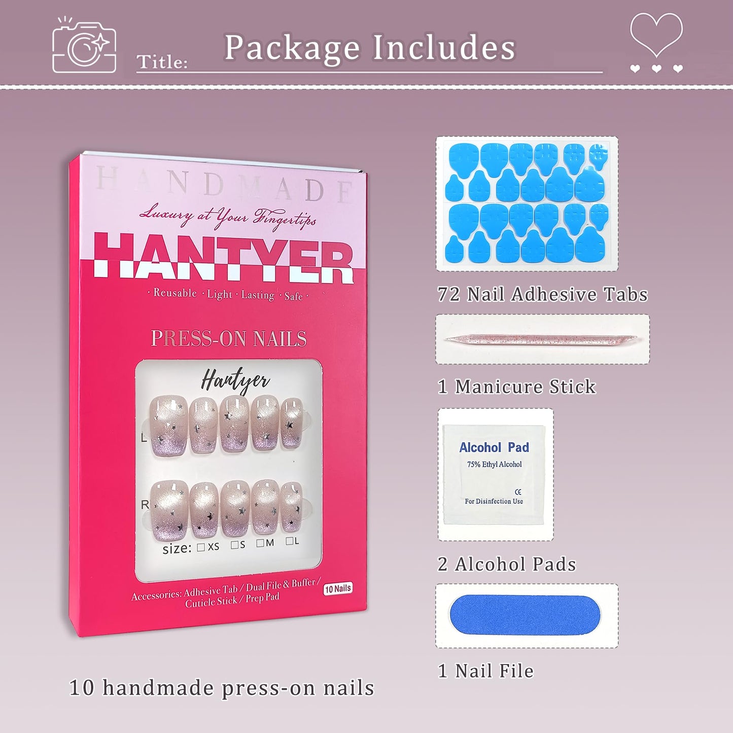 Hantyer 10pcs Press on Nails, Medium Coffin Glossy Fake Nails, Lavender Cat Eye French Tips with Silver Stars, Reusable False Nails for Women, Sweet Galaxy Nails for Party (Size M) ﻿