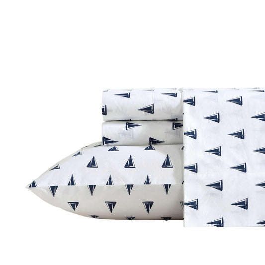 Nautica - Sheets, Cotton Percale Bedding Set with Matching Pillowcases, Crisp & Cool, Deep Pocket (Windtale Boat Navy, Full)
