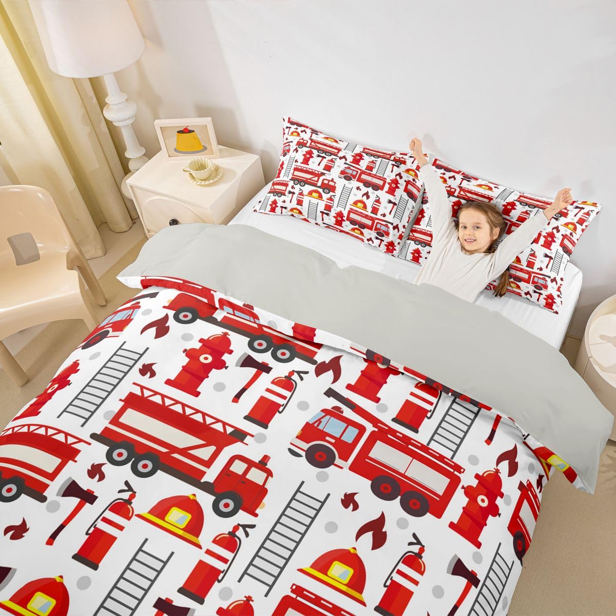 Fire Truck Bedding Set for Kids Boys Red Fire Fighting Supplies Pattern Comforter Cover Set Helmet Ladder Fire Extinguisher Fire Hydrant Print Duvet Cover Girls Adult Teens Fire Theme Beddings, King