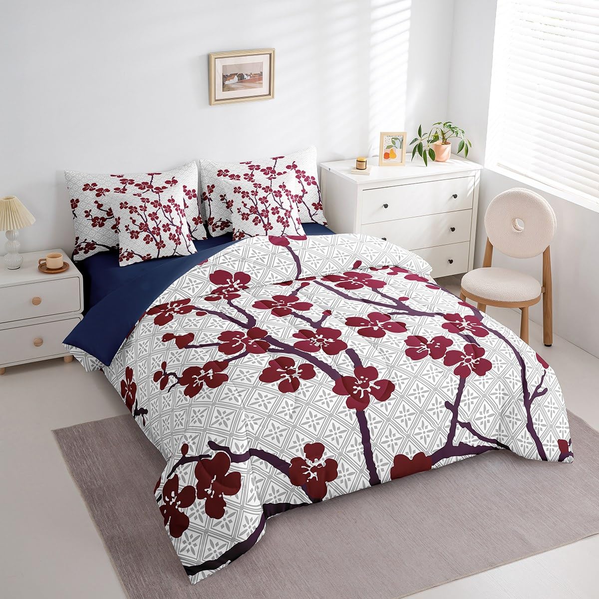 Erosebridal Cherry Blossom 7 Piece Comforter Set Queen Bed in a Bag,Japanese Cherry Blossom Bedding Set for Girls Women Bedroom,Red and Grey Quilt Duvet,Spring Flower Floral Branches Sheet Set