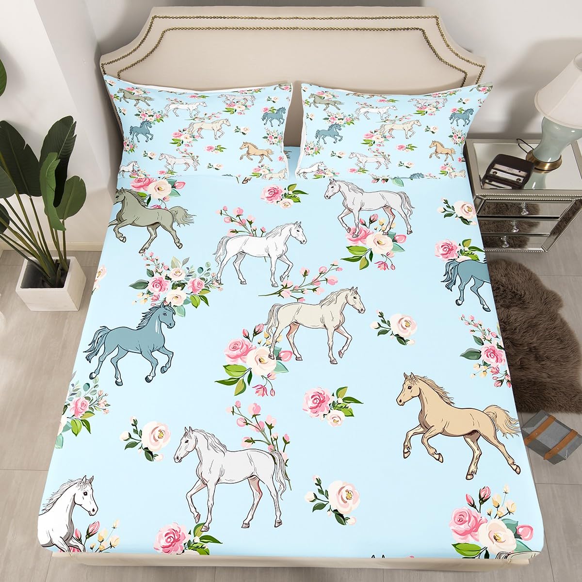 Horse Sheet Set Full Size, Farmhouse Western Cowboy Cowgirls Bed Sheets for Kids Boys Girls Teens, Cartoon Kawaii Horse Bedding Set, Rustic Rose Floral Fitted Sheet + Flat Sheet + 2 Pillow Cases